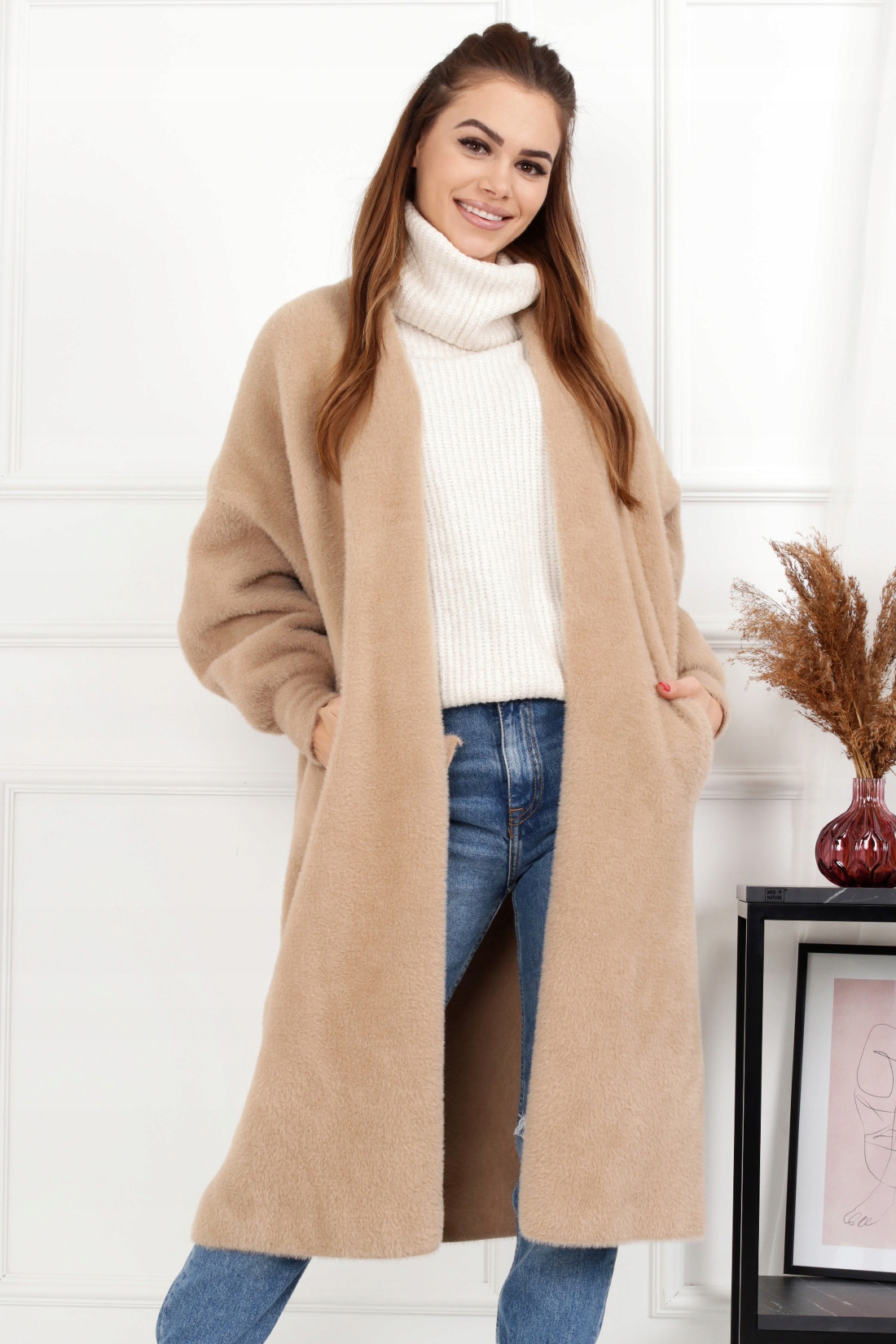 ALPAKA SWETER DŁUGI CIEPŁY OVERSIZE BEŻOWY 2271 Marka bez marki