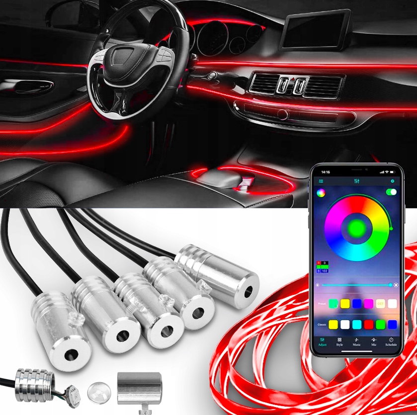 ZESTAW OŚWIETLENIA DO WNĘTRZA AUTA ŚWIATŁOWÓD AMBIENTE RBG 7M APLIKACJA