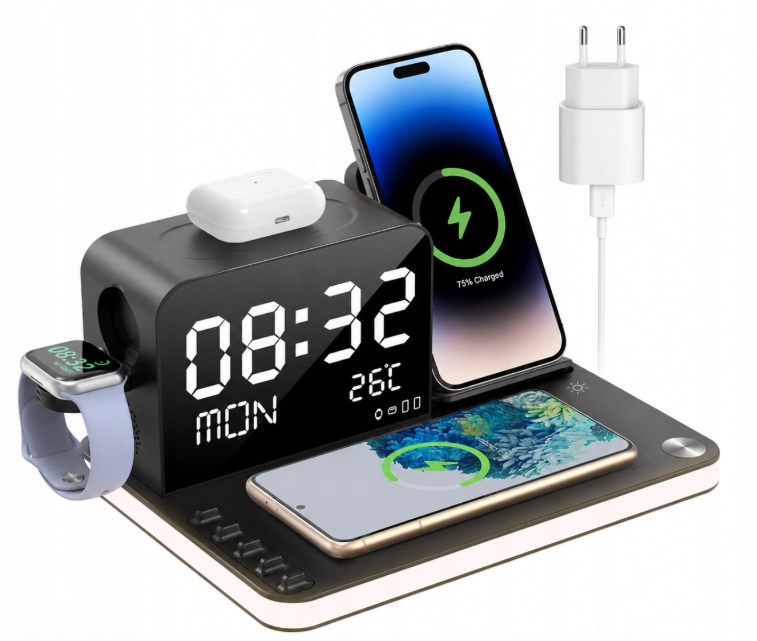 Stacja Ładowania 7W1 Blke RYT010 Zegar Led 15W Qi Watch Airpods