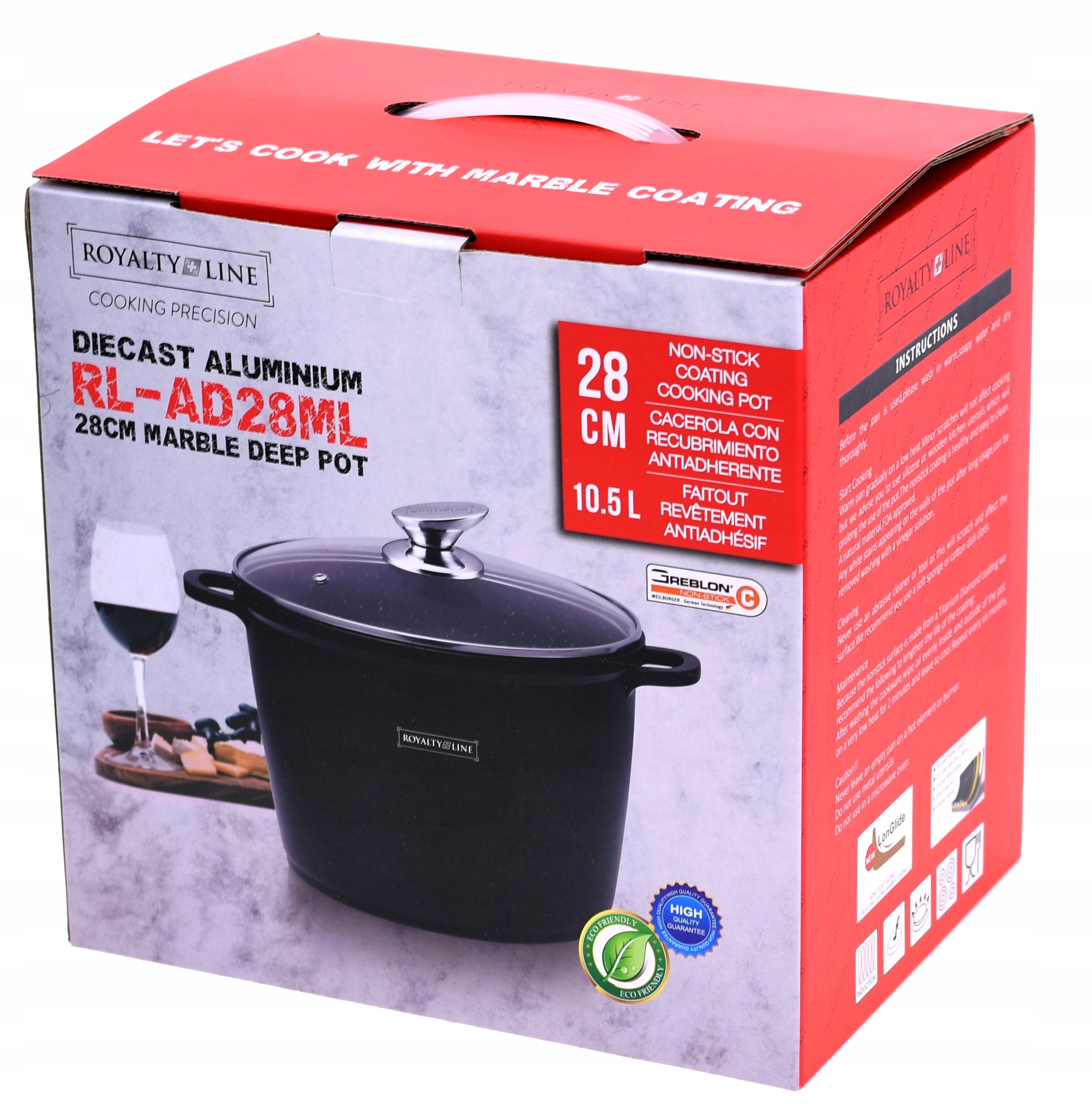 Garnek wysoki Royalty POWŁOKA MARMUROWA 28cm 10,5L Średnica 28 cm
