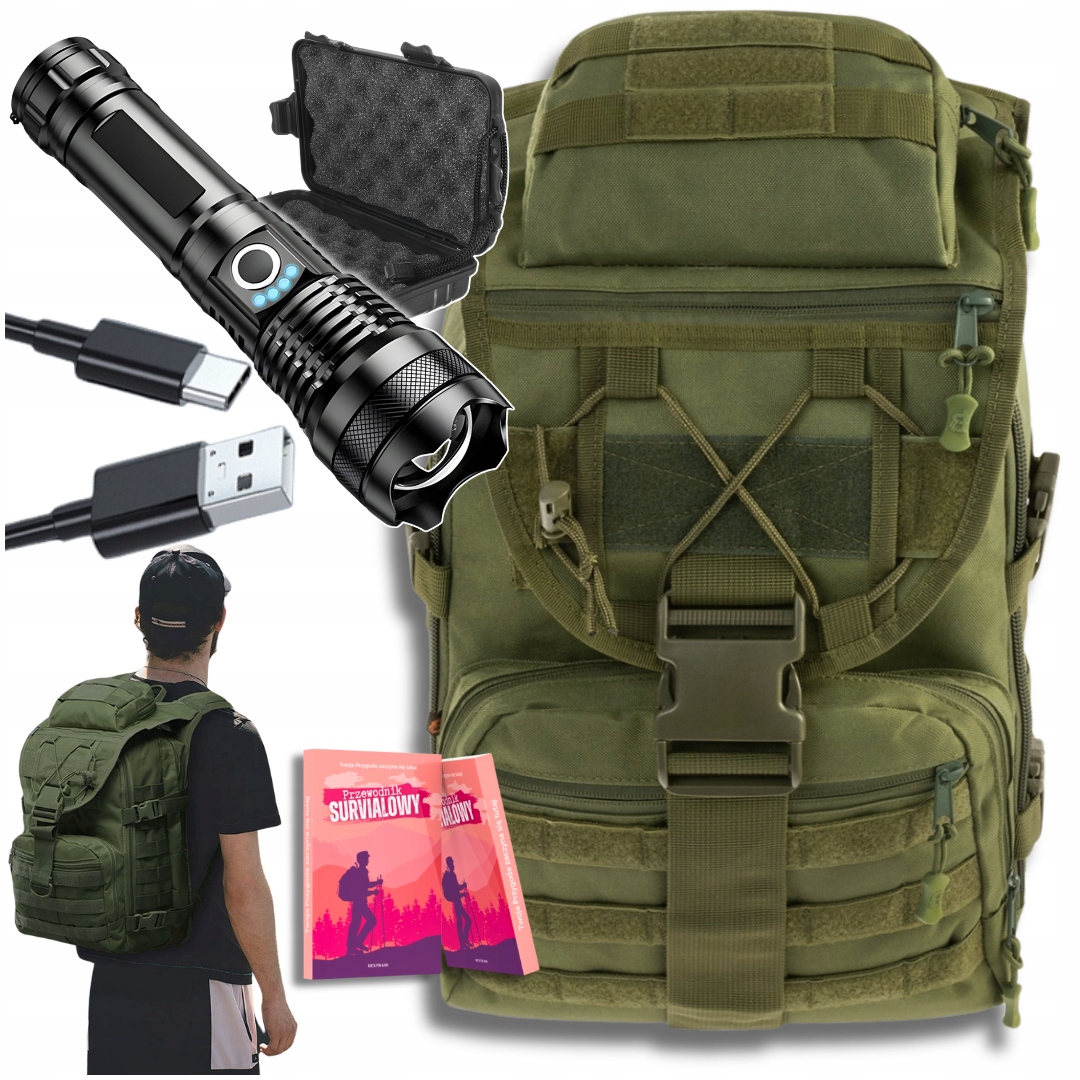 Plecak Taktyczny Zielony Harcerski 42L Latarka Survivalowa Mocna Led Usb