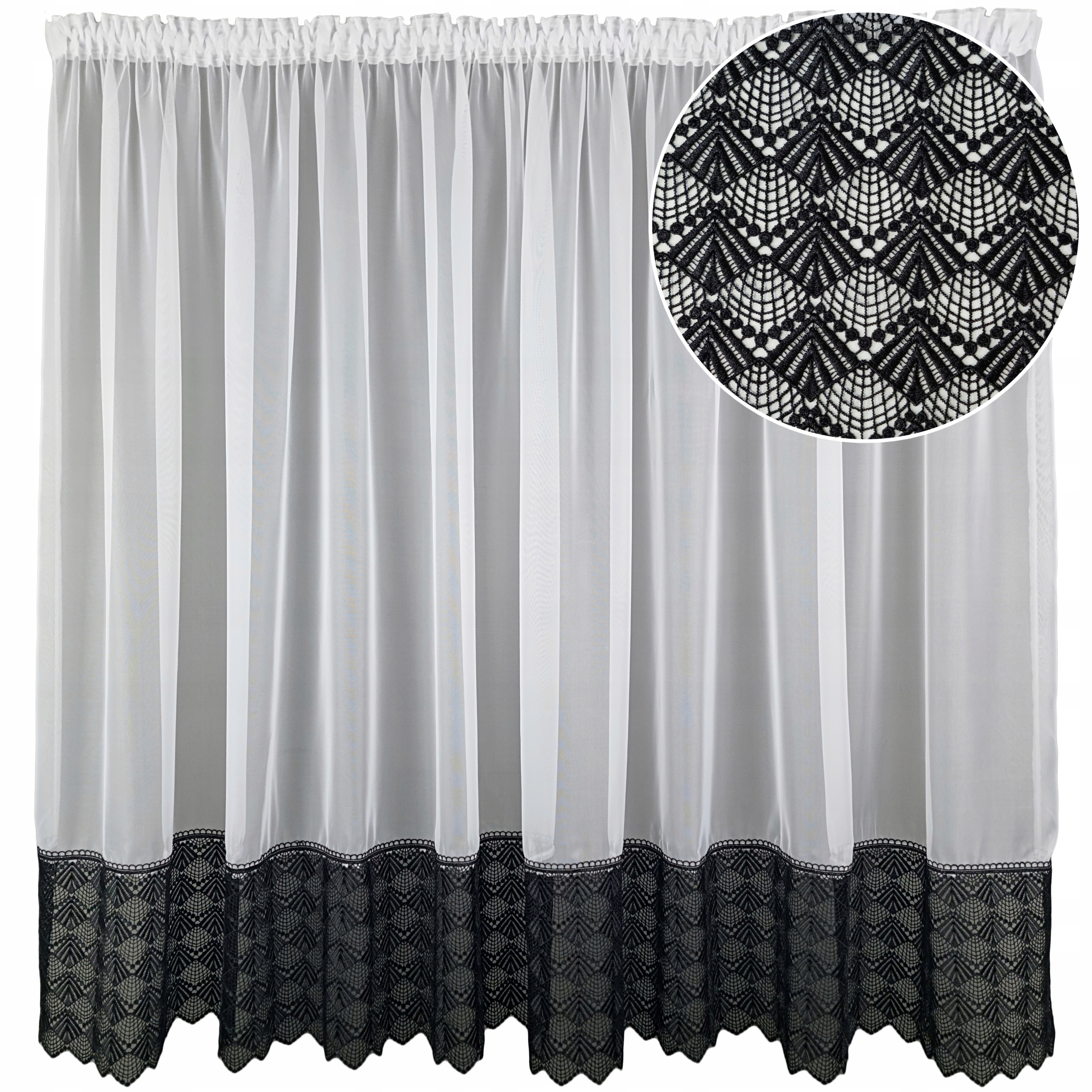 Firana klasyczna gotowa woal gładki 200x110 Czarna szeroka gipiura Jodełka