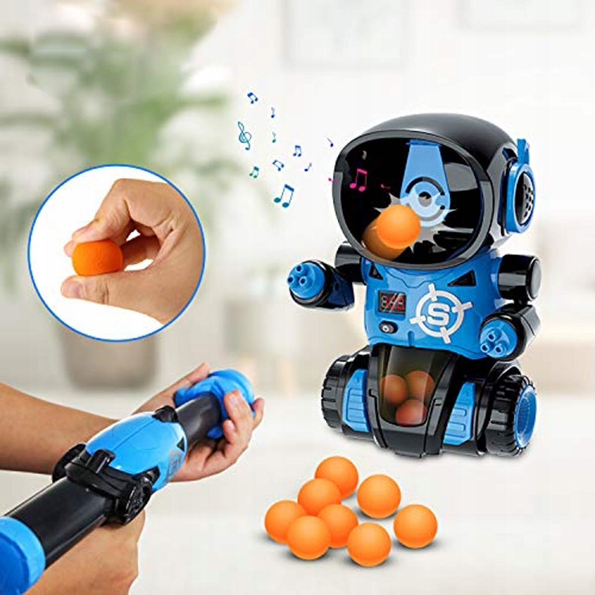 GRA ZRĘCZNOŚCIOWA GŁODNY ROBOT STRZELANIE DO CELU + 2x PISTOLETY i KULKI Szerokość produktu 19 cm