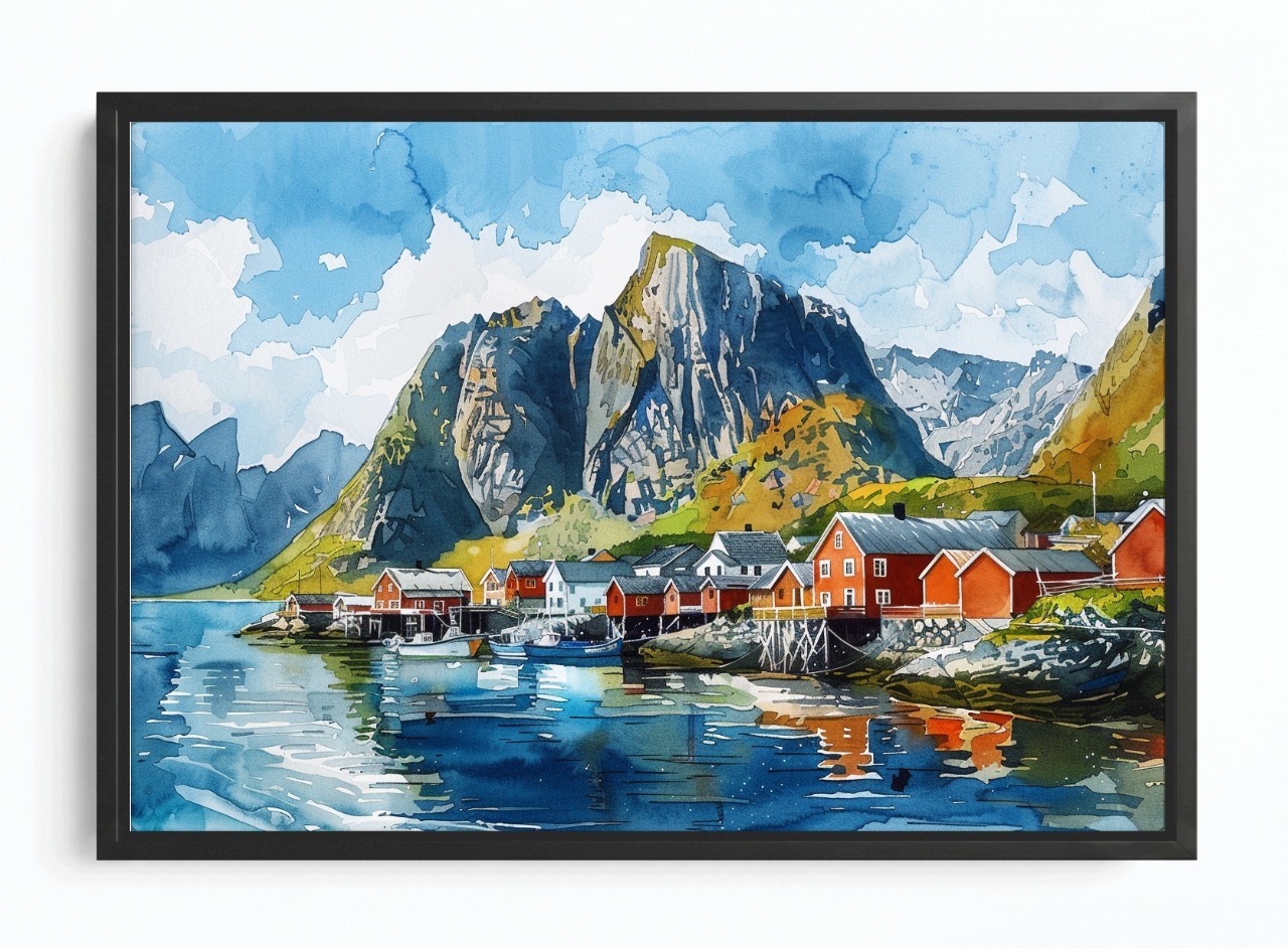 Obraz Rám Americký Box Norsko Fiordy Hory Lofoty Domky Akvarel 60x40
