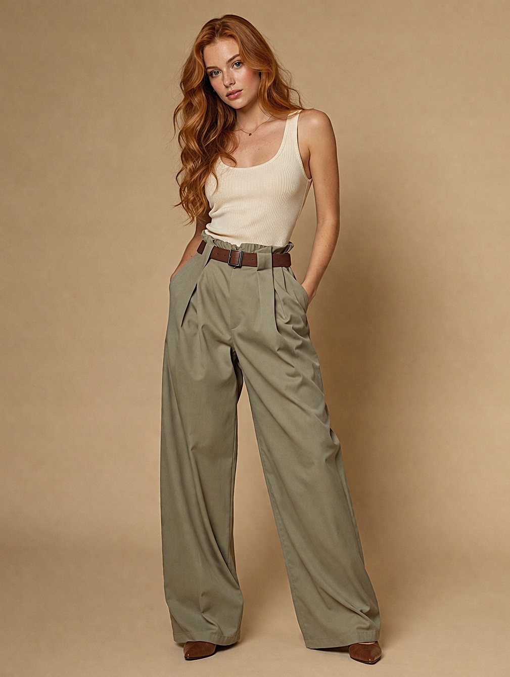 dámské italské elegantní kalhoty Miho’s wide leg s vysokým pasem pásek