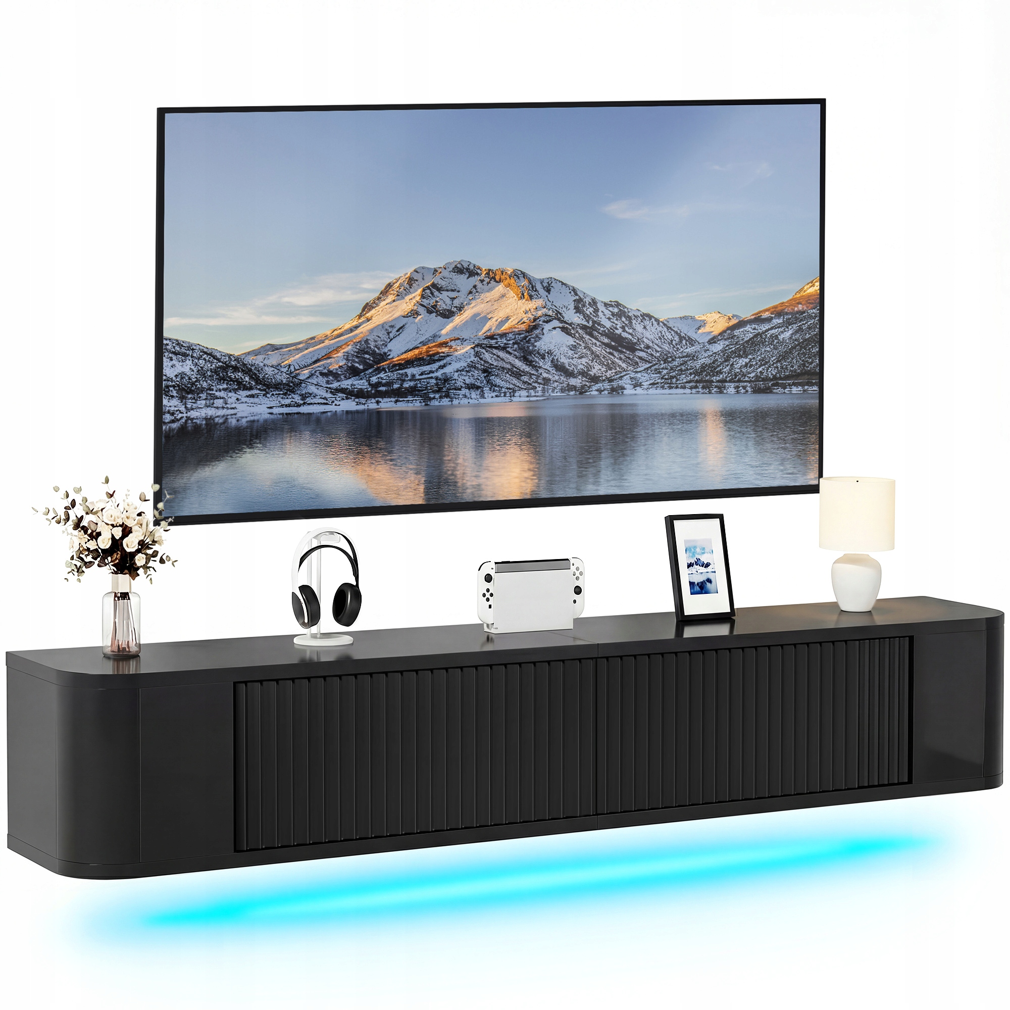 Szafka RTV Wisząca 140 cm, Pływająca, Podświetlenie LED RGB, Czarny Wysoki Połysk