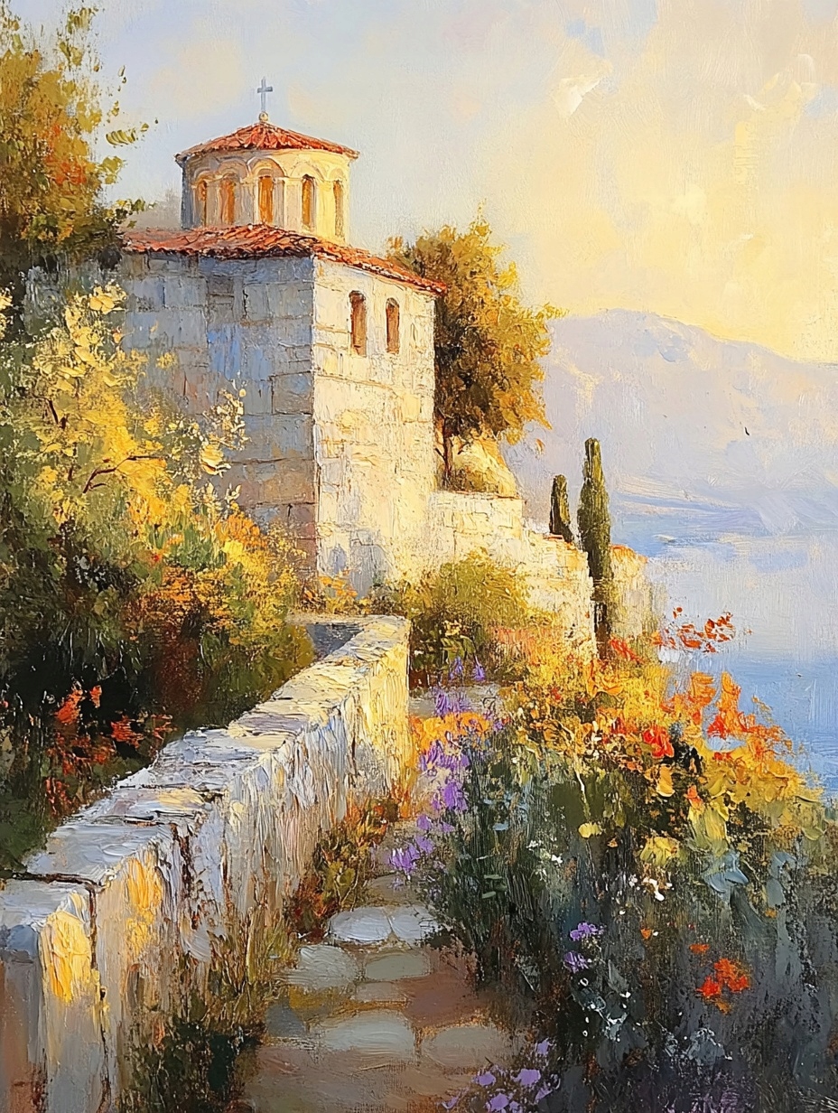 Obraz Na Plátně Canvas Krajina Jižní Moře Kostel Kaple Květiny 75x100