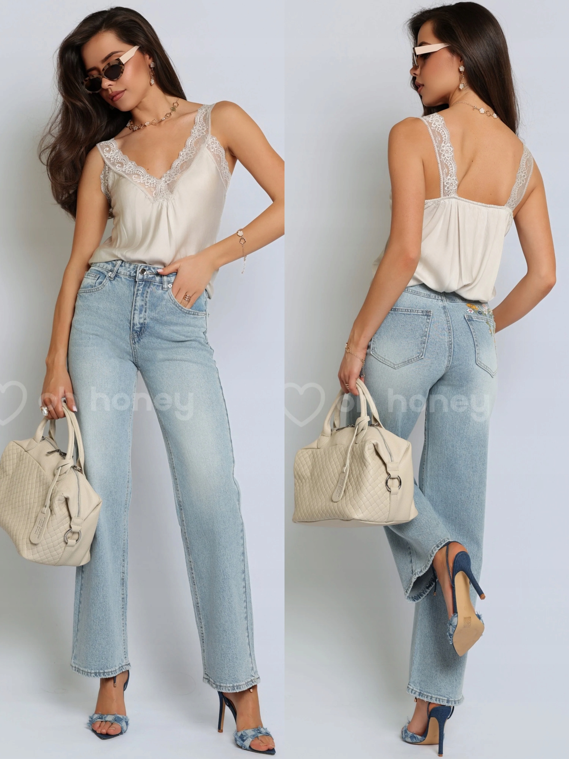 Džínové kalhoty Světle modré Flower Denim L