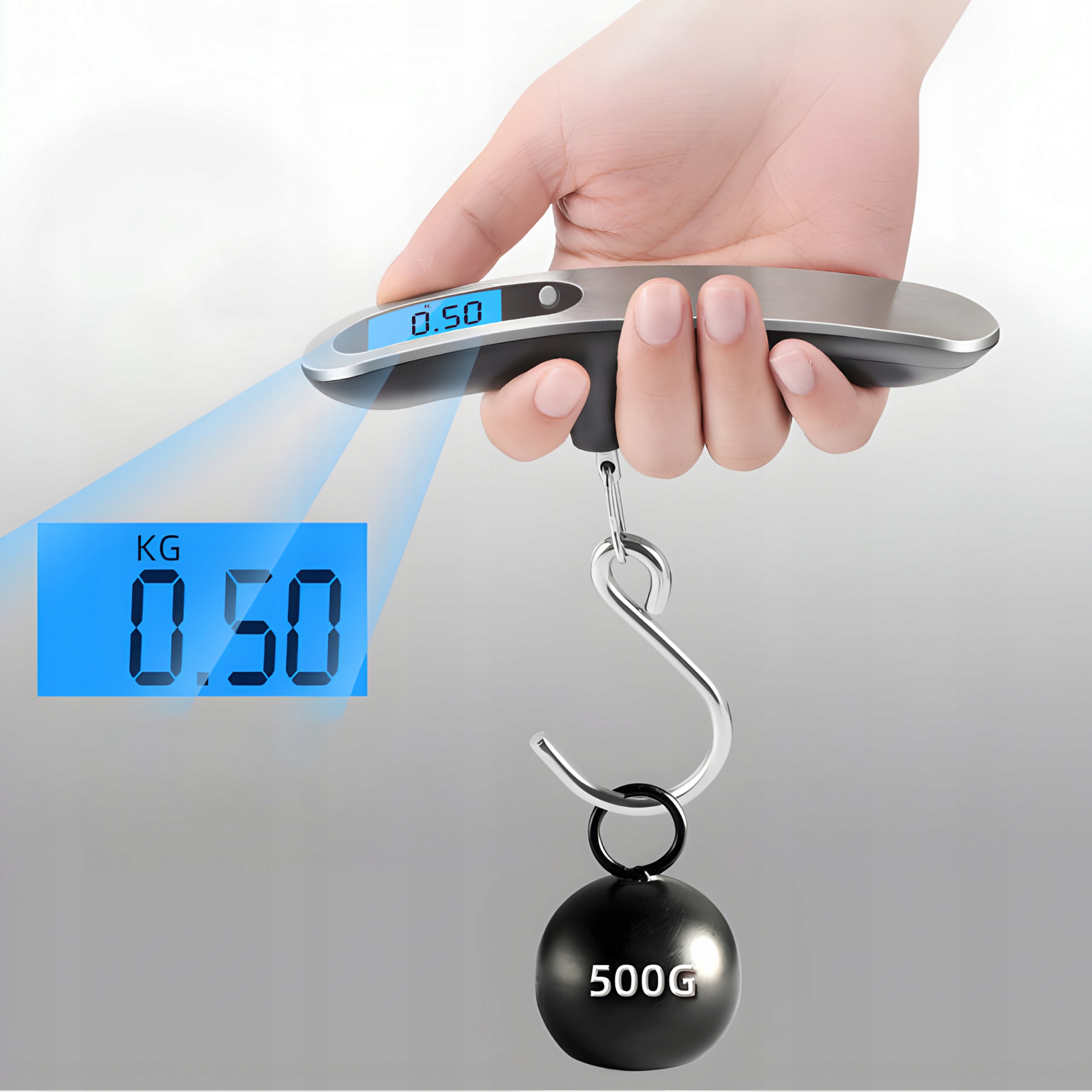 WAGA BAGAŻOWA PODRÓŻNA HAKOWA TURYSTYCZNA LOTNICZA RĘCZNA LCD DO 50KG Cechy dodatkowe automatyczne wyłączanie funkcja tary funkcja zerowania hak pasek