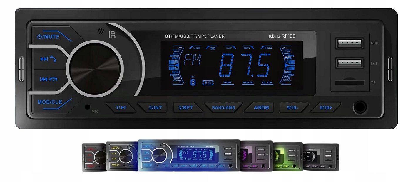 Xblitz RF100 Radio samochodowe Bluetooth MP3 USB AUX VarioColor + pilot