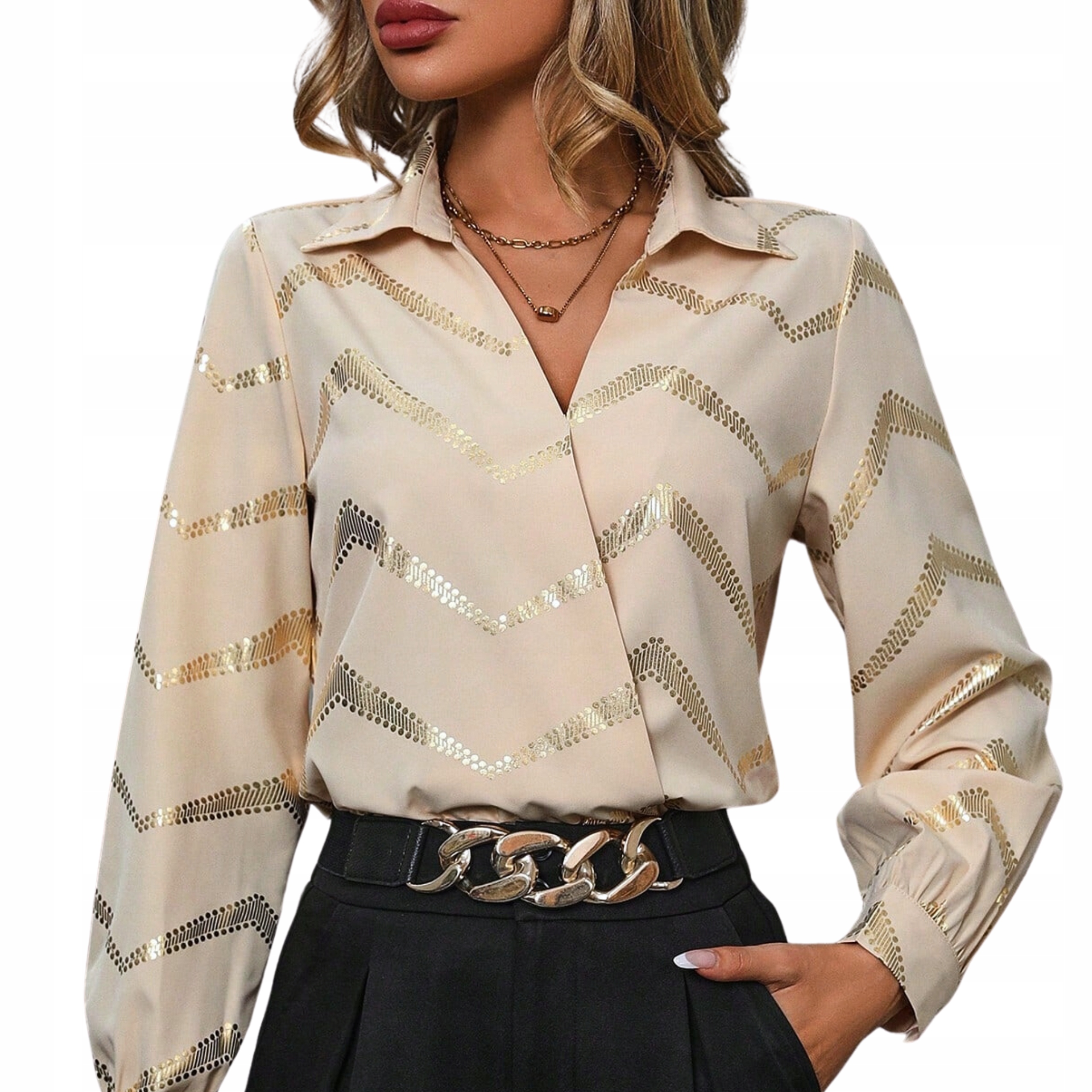 Bluzka damska wzorzysta złote paski koszula z kołnierzykiem beż