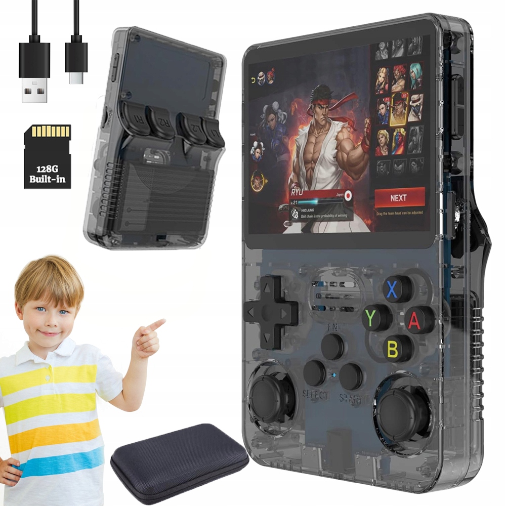R36S Konsola Retro 21 000 Gier Mini Przenośna Konsola Do Gier 128GB Czarny