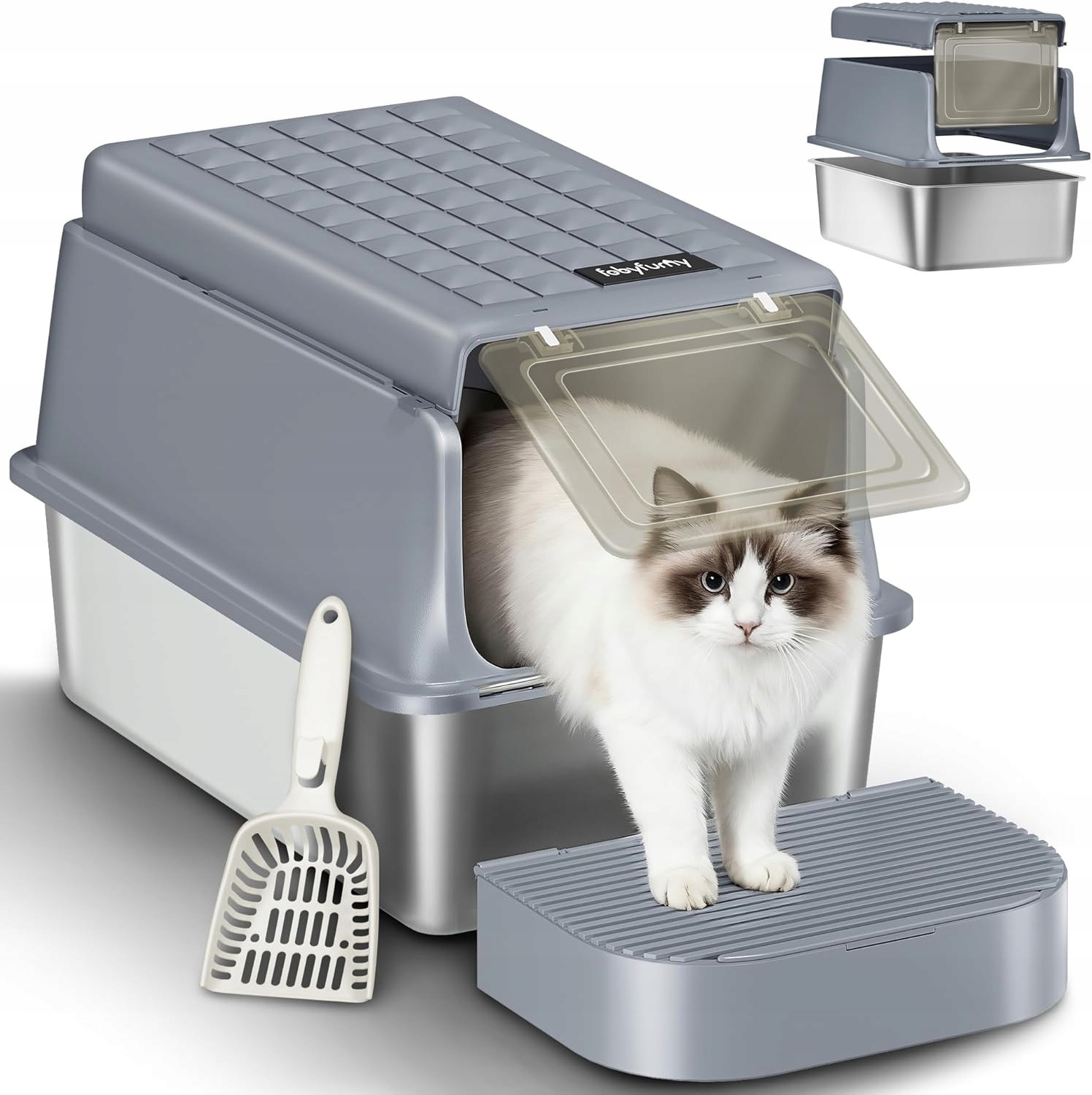 Levně Toaleta Pro Kočky uzavřená 3v1z nerezové oceli s lopatkou a patkou