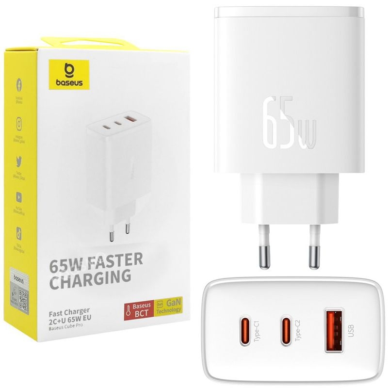 Síťová nabíječka 2x Usb-a Usb-c, nabíjecí kostka pro telefon 65W, Výkonná