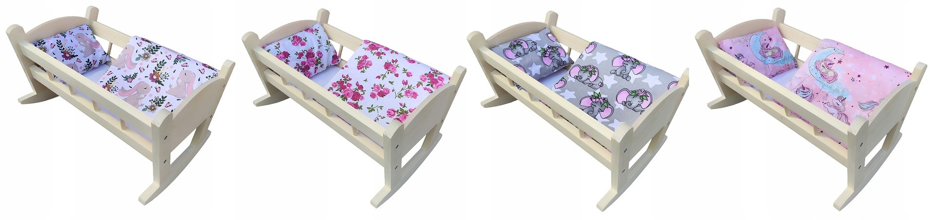 KOŁYSKA DREWNIANA dla lalek + POŚĆIEL 3 elementy Marka DrewStol