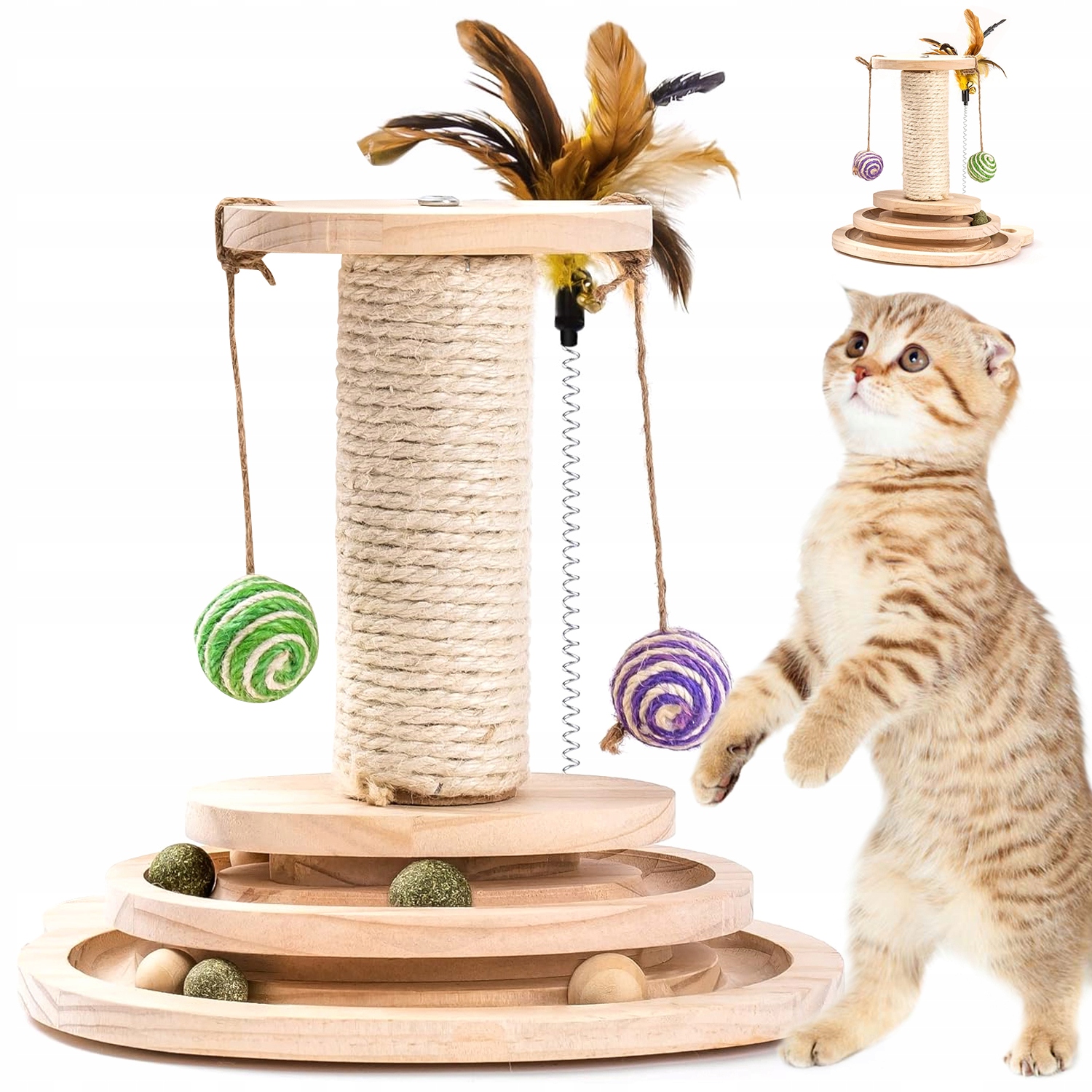 Levně Dřevěná Hračka Pro Kočky Škrabadlo Pro Kočky S Peřím, 10 Míčků, 3 Vrstvy