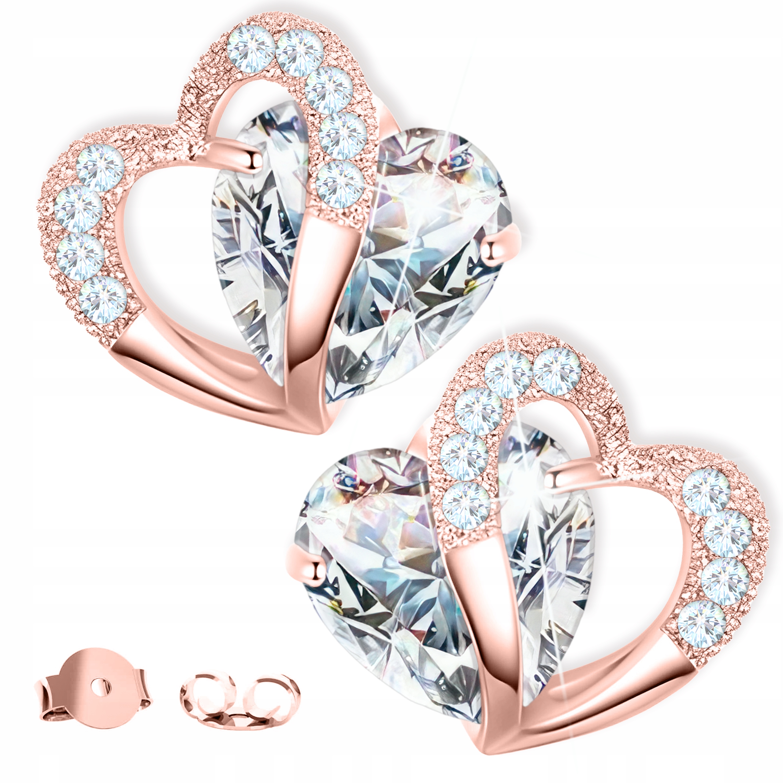 Náušnice Pozlacené Bílé Křišťálové Dvojité Srdce se Zirkony Stříbro 925