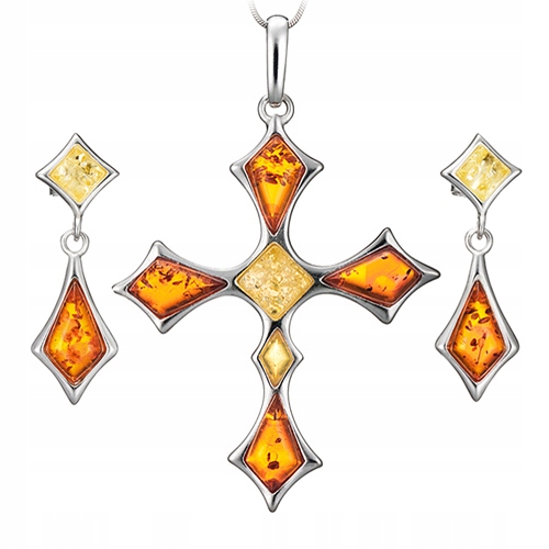 Stříbrný Komplet přívěsek Kříž s originálním Jantarovým Stříbrem stříbro Křížek