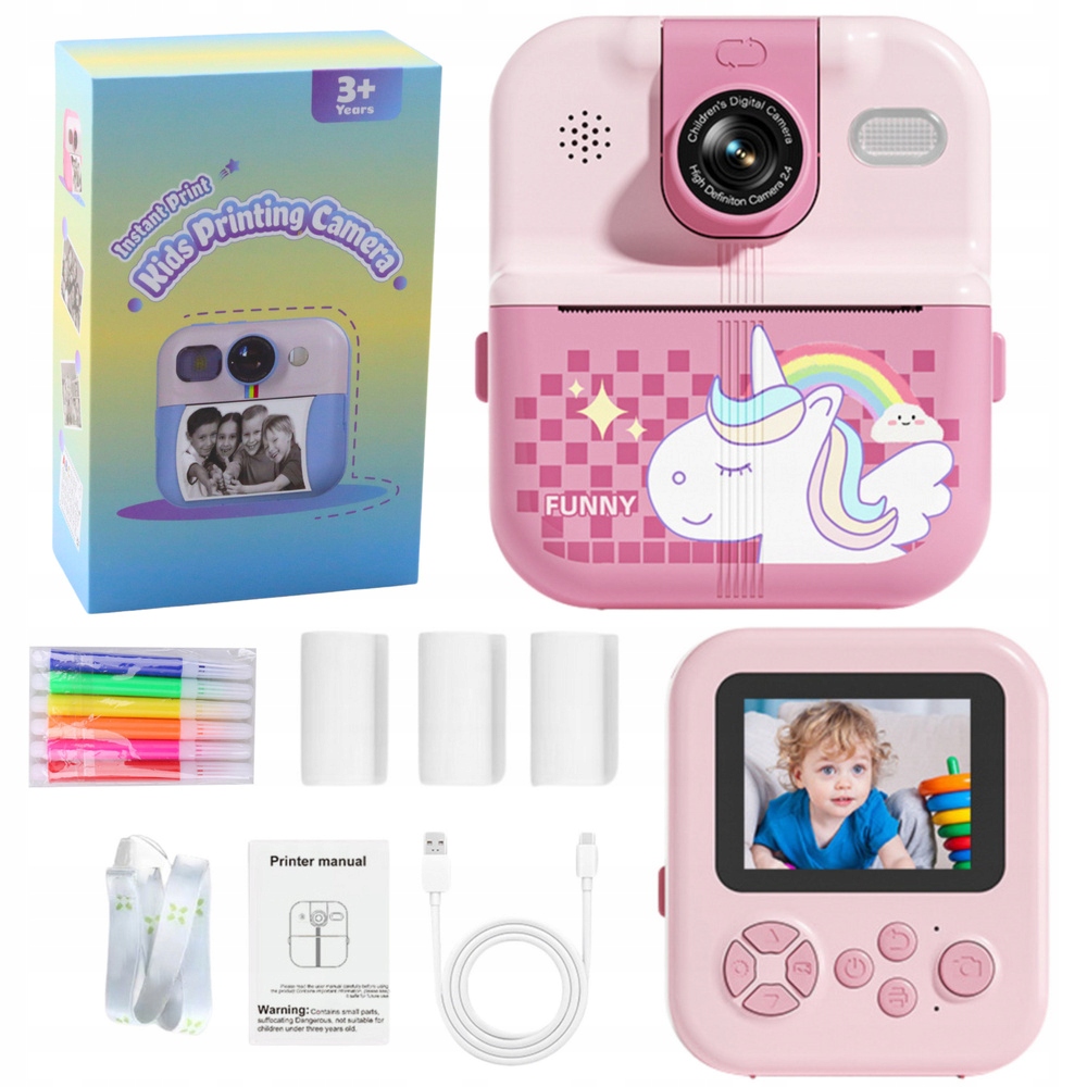Instantní fotoaparát s termální tiskárnou 3 rolky Růžový jednorožec
