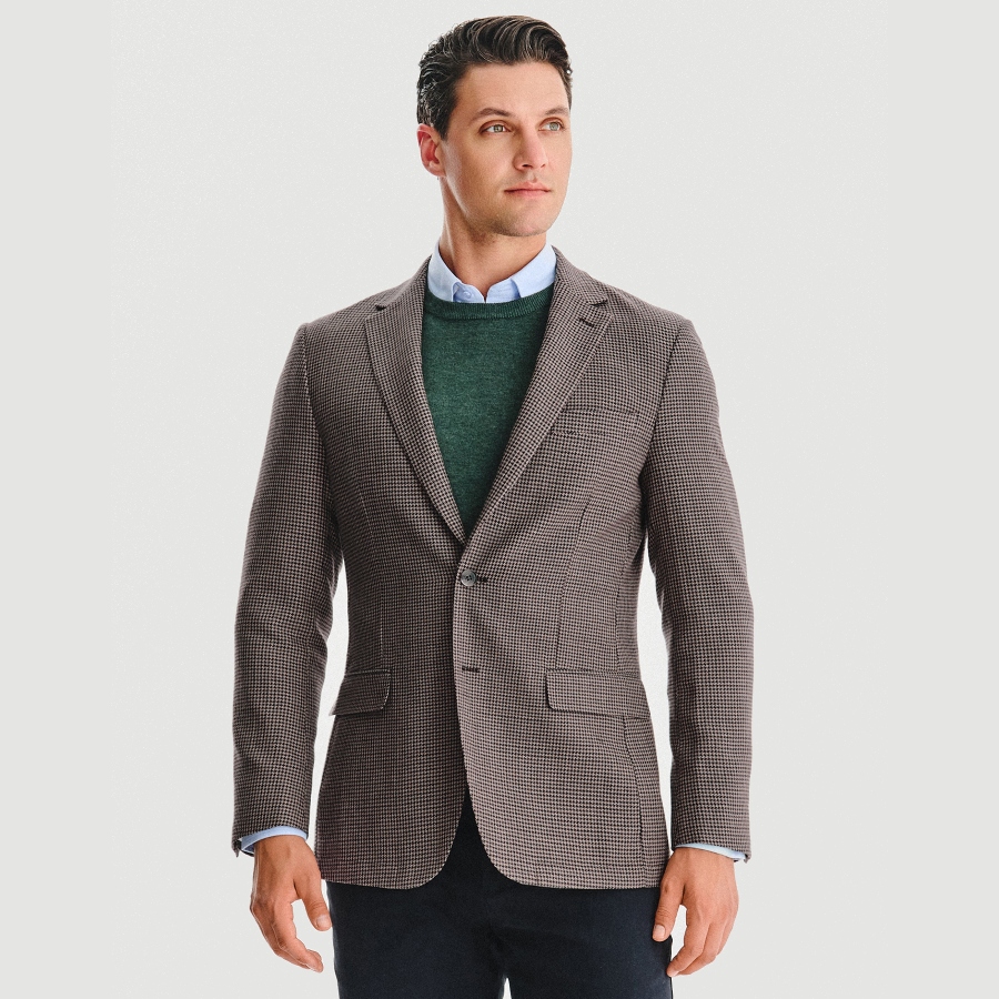 Hnědá pánská sako s pepitím vzorem a vlnou Pako Lorente vel 50/176