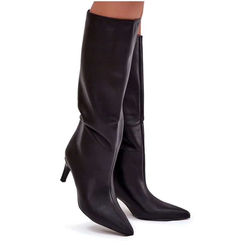 Dámské Zateplené Kozačky Nazouvací Podpatek Eko Kůže Černá 41