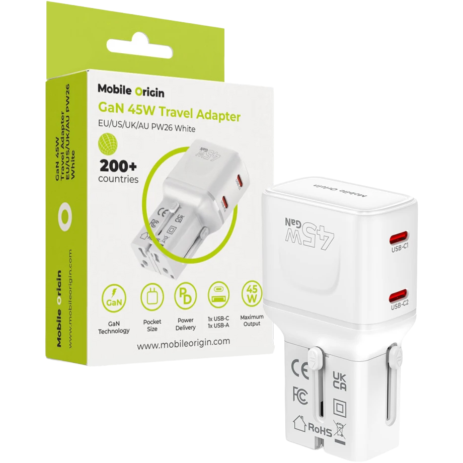 Ładowarka podróżna do telefonu Mobile Origin adapter Uk Us Aus 45W GaN Usbc