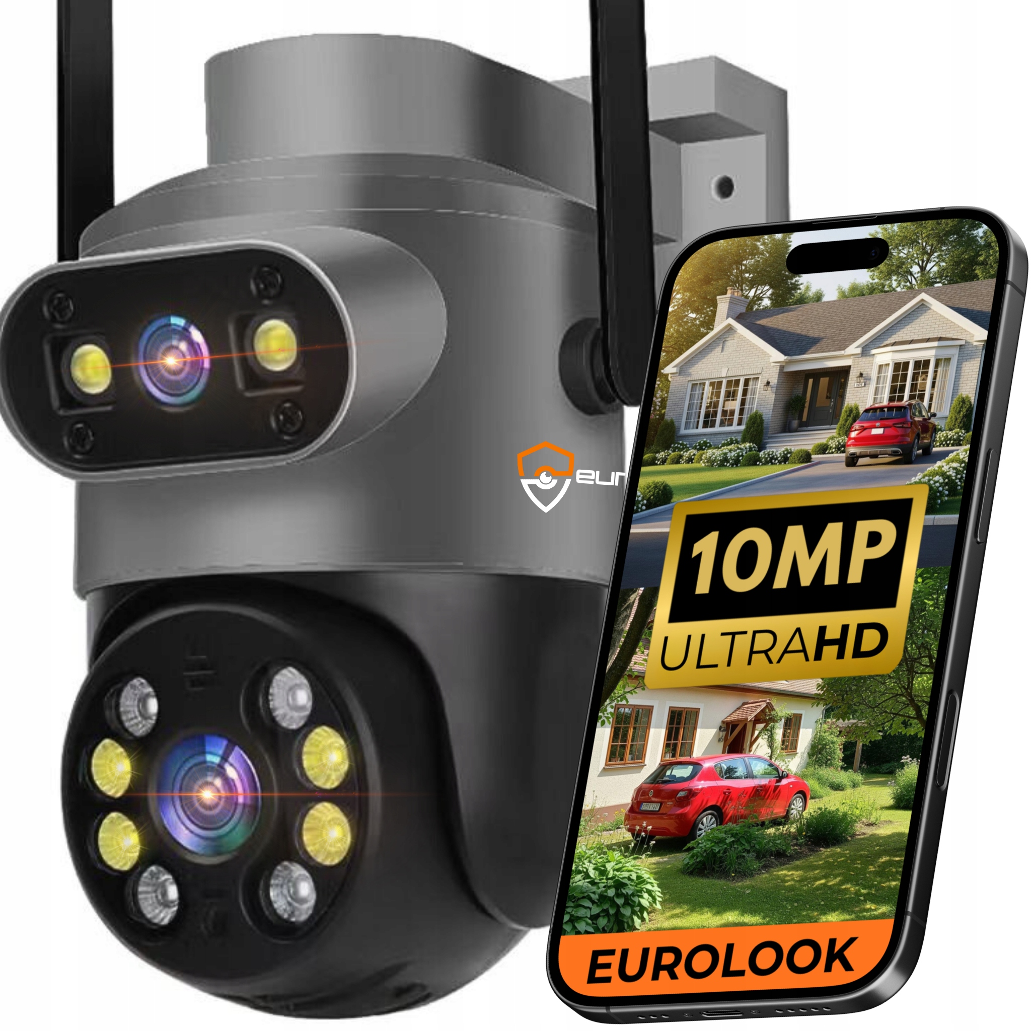 Podwójna kamera WiFi zewnętrzna obrotowa 10Mpx Ultra HD mikrofon funkcje AI