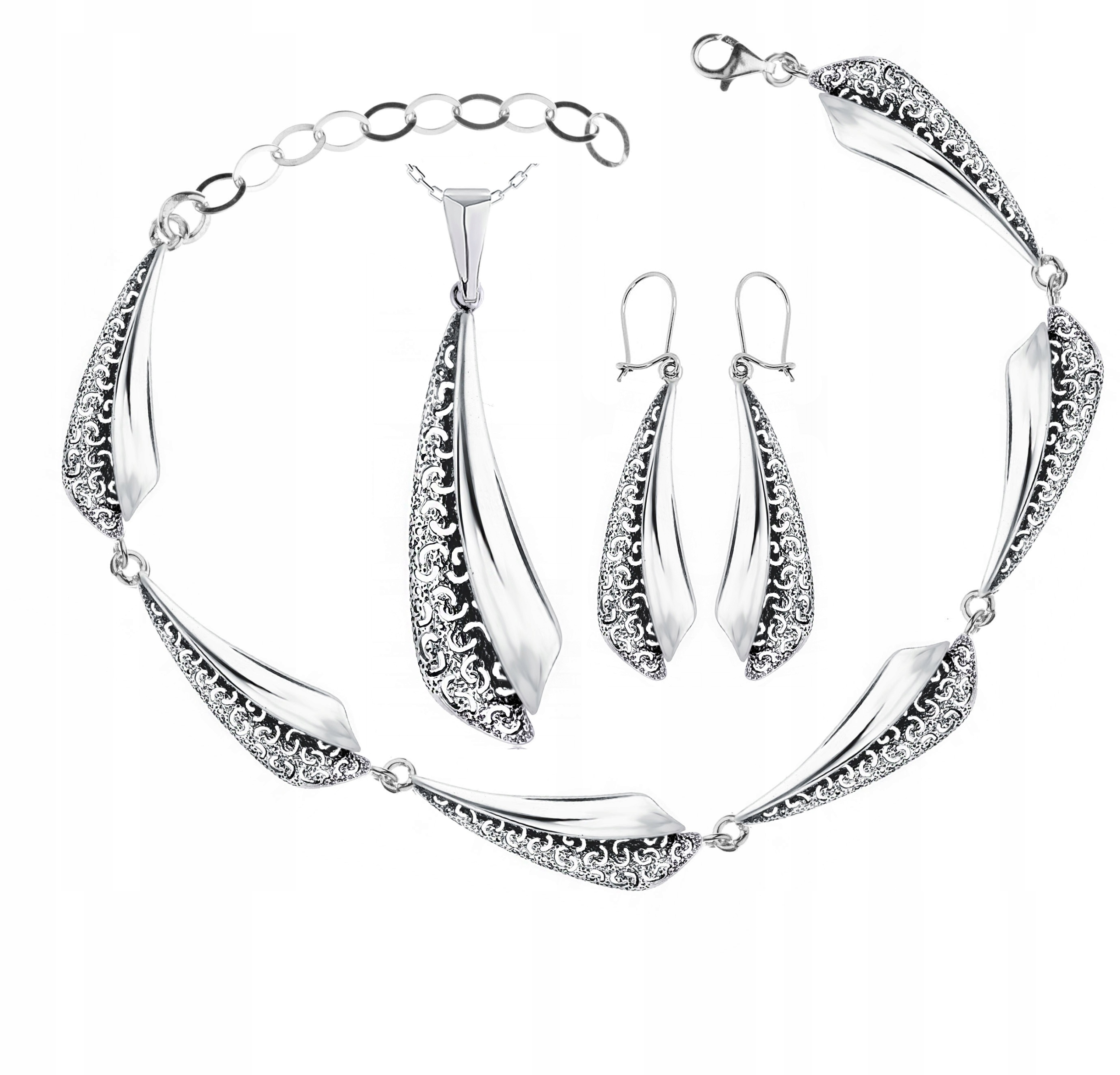 

Komplet Srebrny Ażurowy Kolczyki Wisiorek Łańcusze