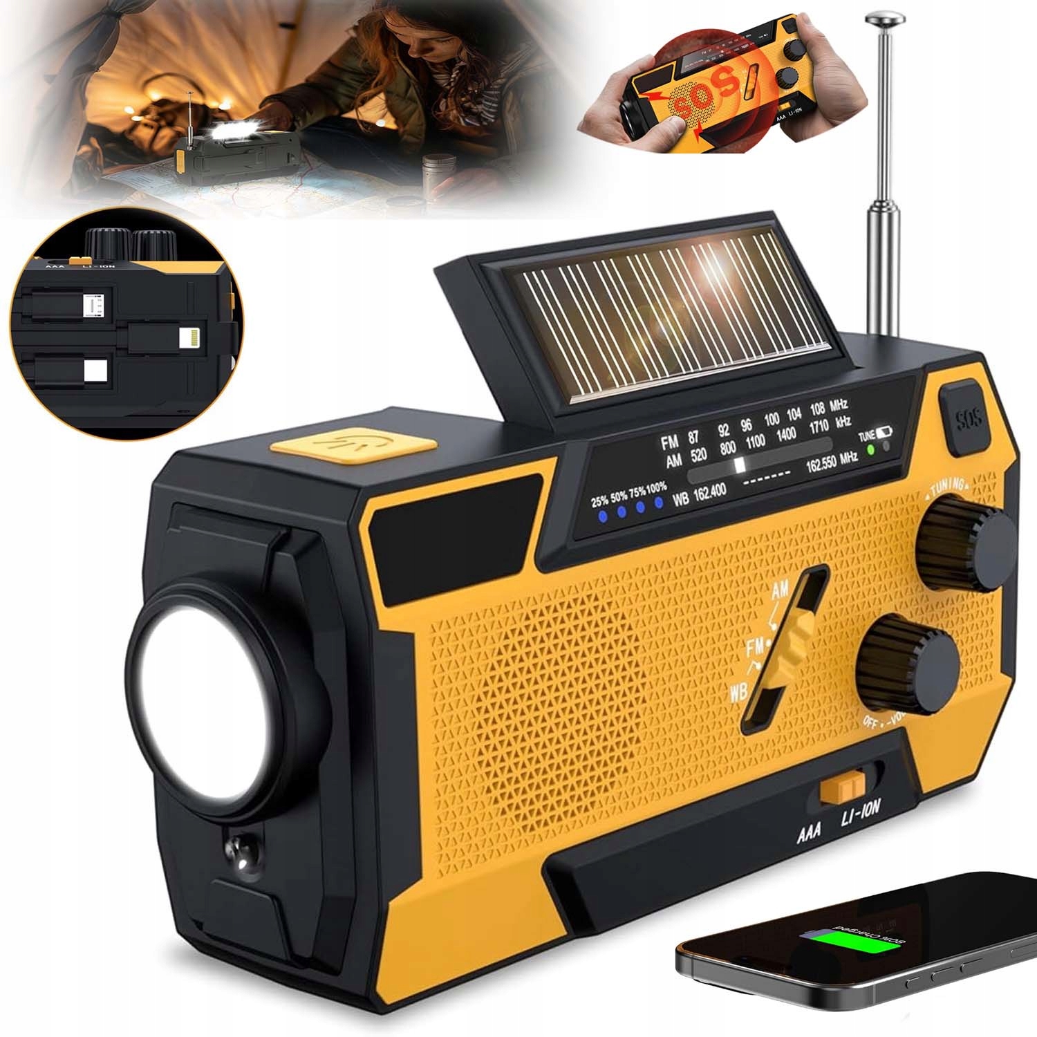 Rádio Na Kliku Přenosné Solární Dynamo Nouzové Svítilna Powerbanka 2000MAH
