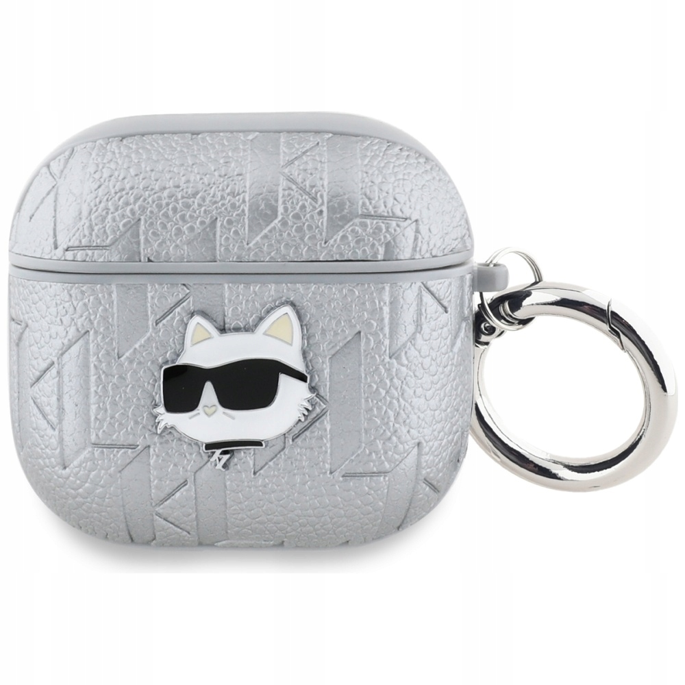 Pouzdro Karl Lagerfeld Monogram Choupette Head pro AirPods 4 stříbrné