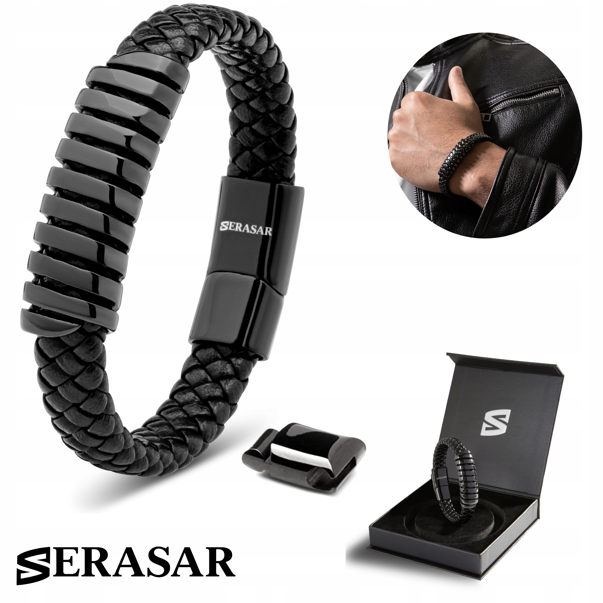 Serasar, Pánský kožený náramek [Helix] černý, 17 cm