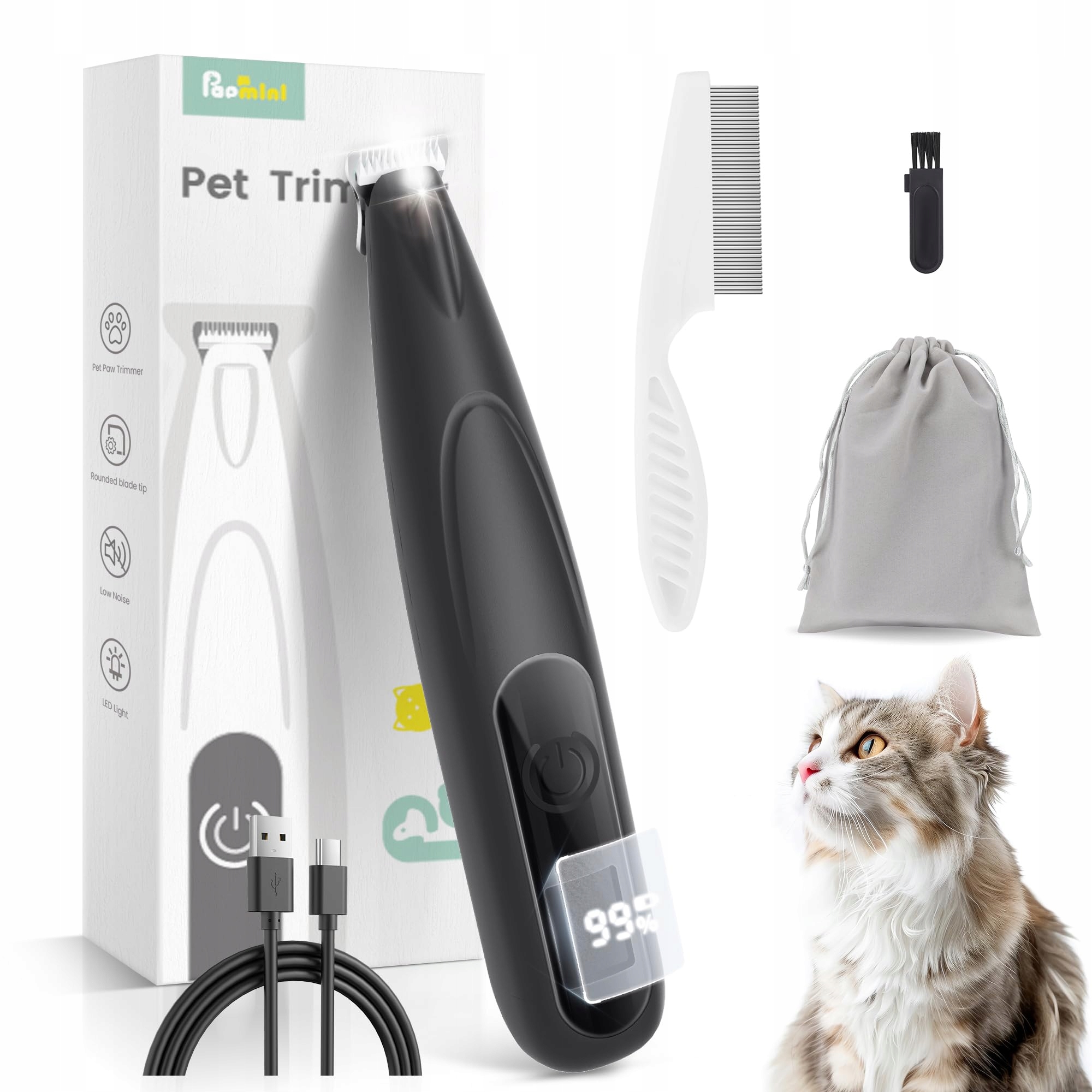 Papmini Tichý zastřihovač pro kočky Led Usb-c Bezdrátový