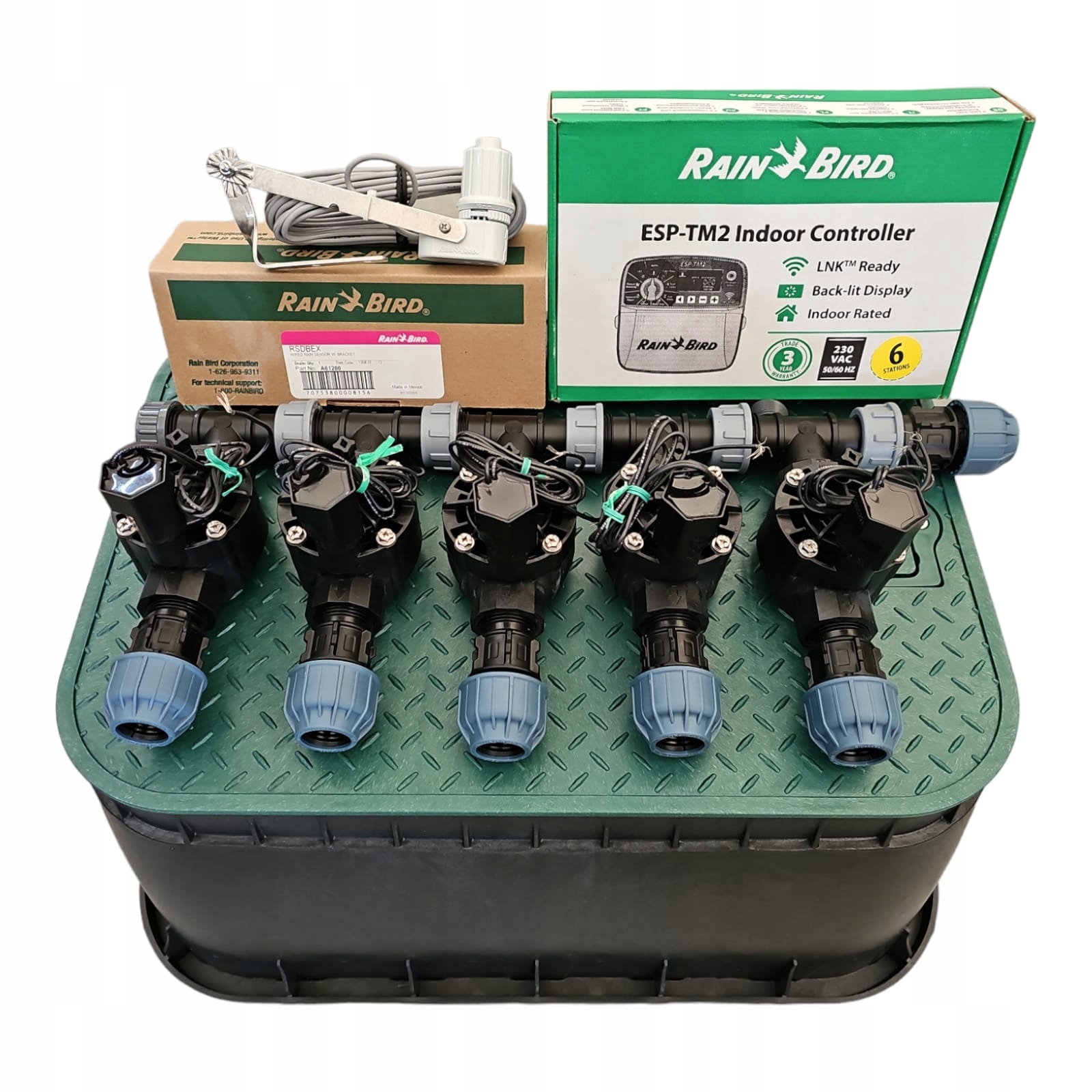 Zestaw Rain Bird 5 sekcji Hv z korkiem Sterownik TM2 Czujnik Rsdbex Pe 32