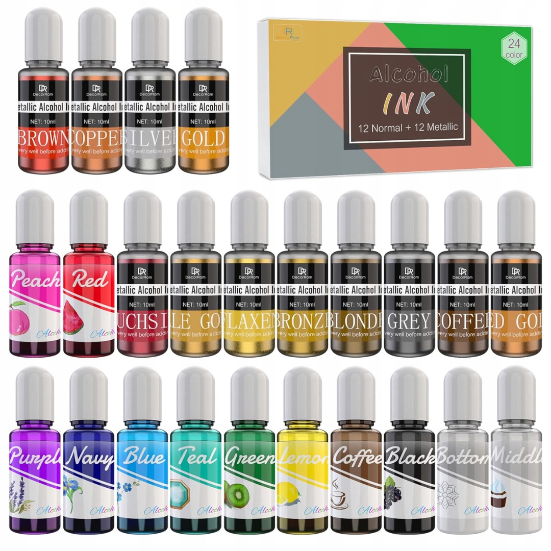 24 ks Alkoholový INKOUST|12 METALICKÝCH|12 Světlých|epoxidová PRYSKYŘICE|10ML