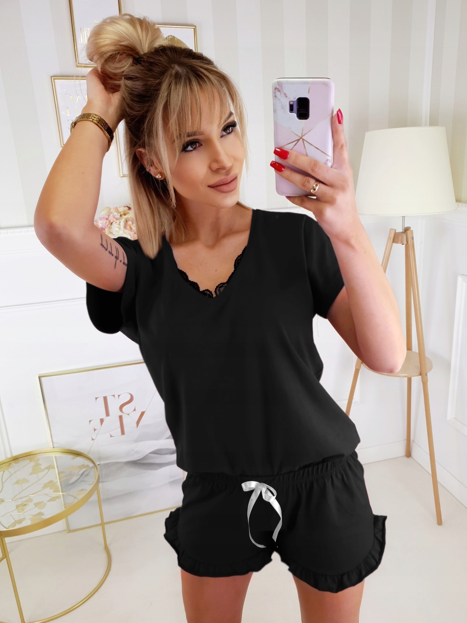 Bawełniana Kobieca Piżama V-NECK KORONKA Falbanka Marka Inna marka