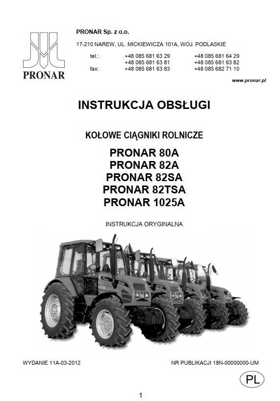 Instrukcja obsługi Pronar 80 A, 82 A, 82 Sa, 82 Tsa, 1025 A