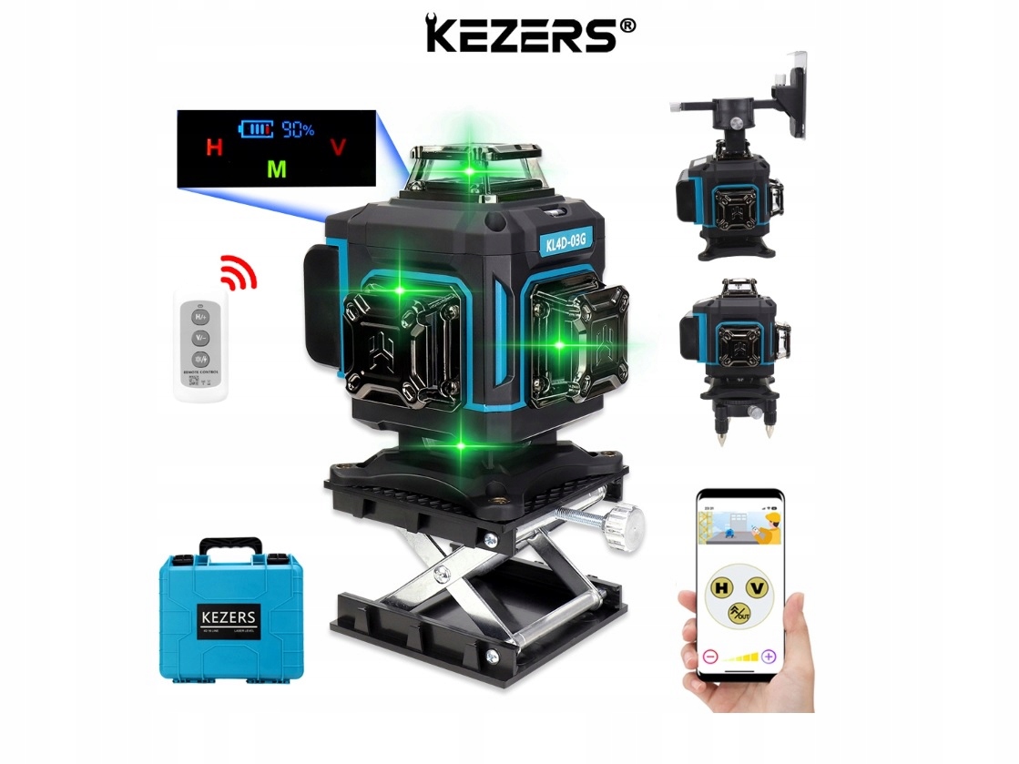 Poziomica Laserowa Kezers 4D Zestaw Walizka 2xAKU Statyw Uchwyt Pilot