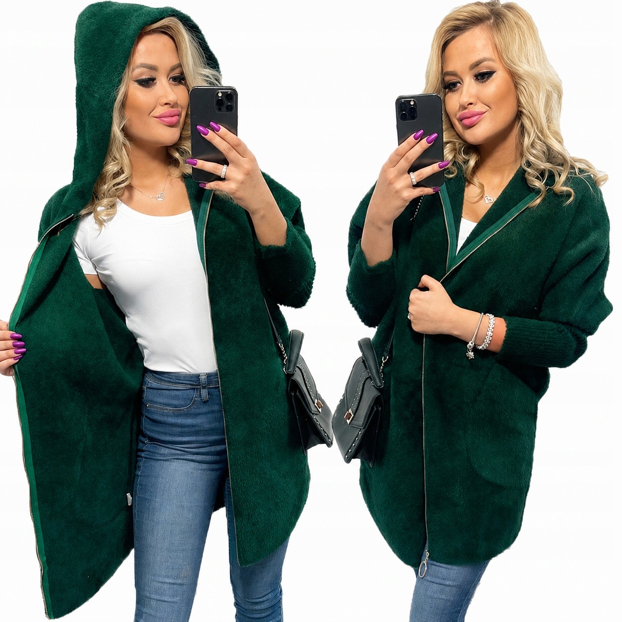Alpaky Zip Kabát Vlna Barvy oversize Dlouhý Lahvově Zelená Barva