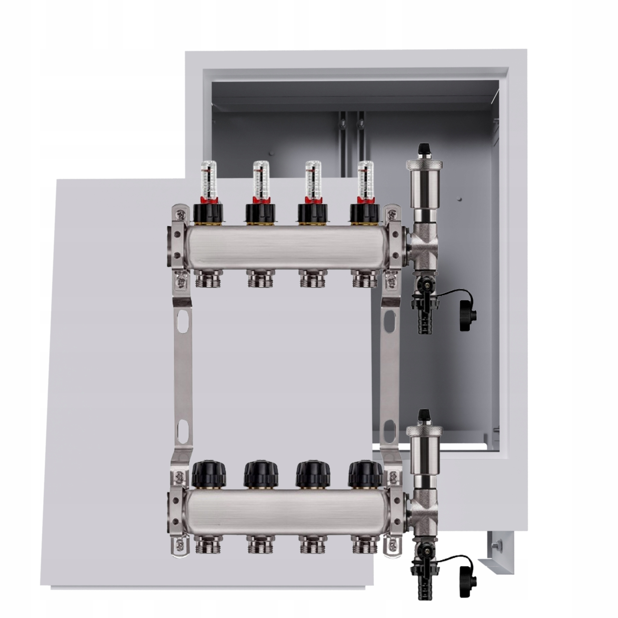 Nerezový rozdělovač pro podlahu 4 okruhy s podomítkovou schránkou, bílý