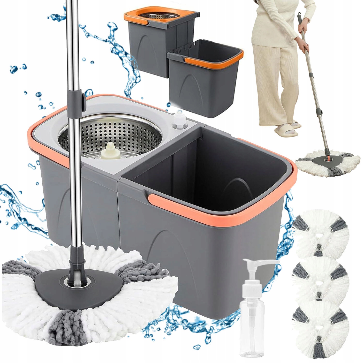 Levně Sada Turbo Mopu 360° A Kbelíku Vyjímatelná Ze 3 Nástavců Z Mikrovlákna, Skládací