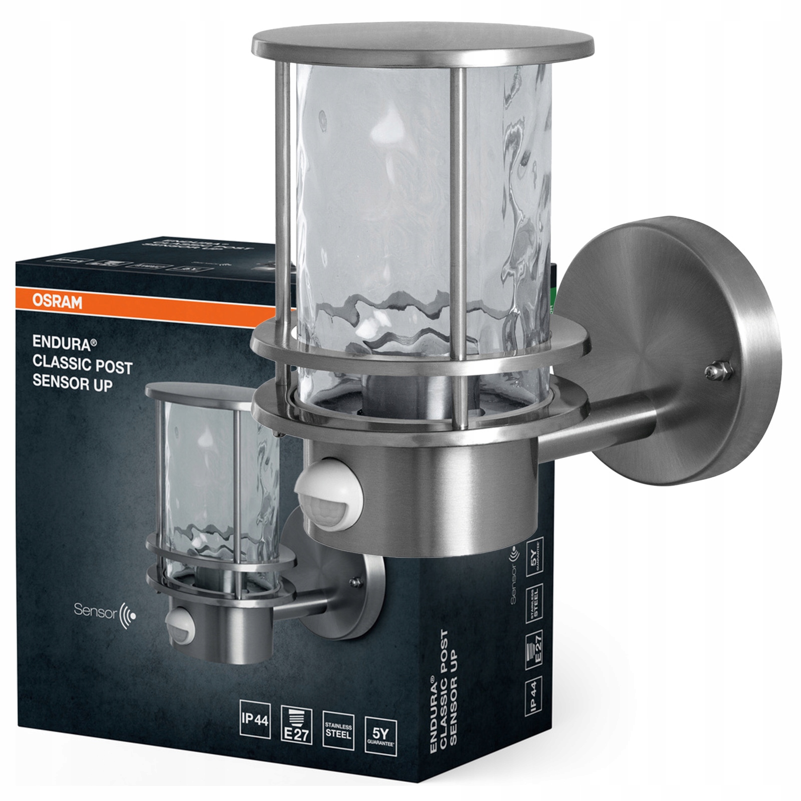 Záhradné nástenné svietidlo Lampa Lampáš E27 IP44 Snímač pohybu súmraku Endura