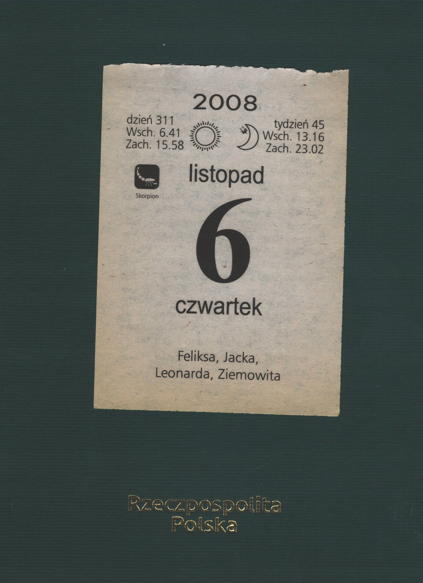 KARTKA Z KALENDARZA, 06.11.2008r. PREZENT, WSPOMNIENIA, URODZINY