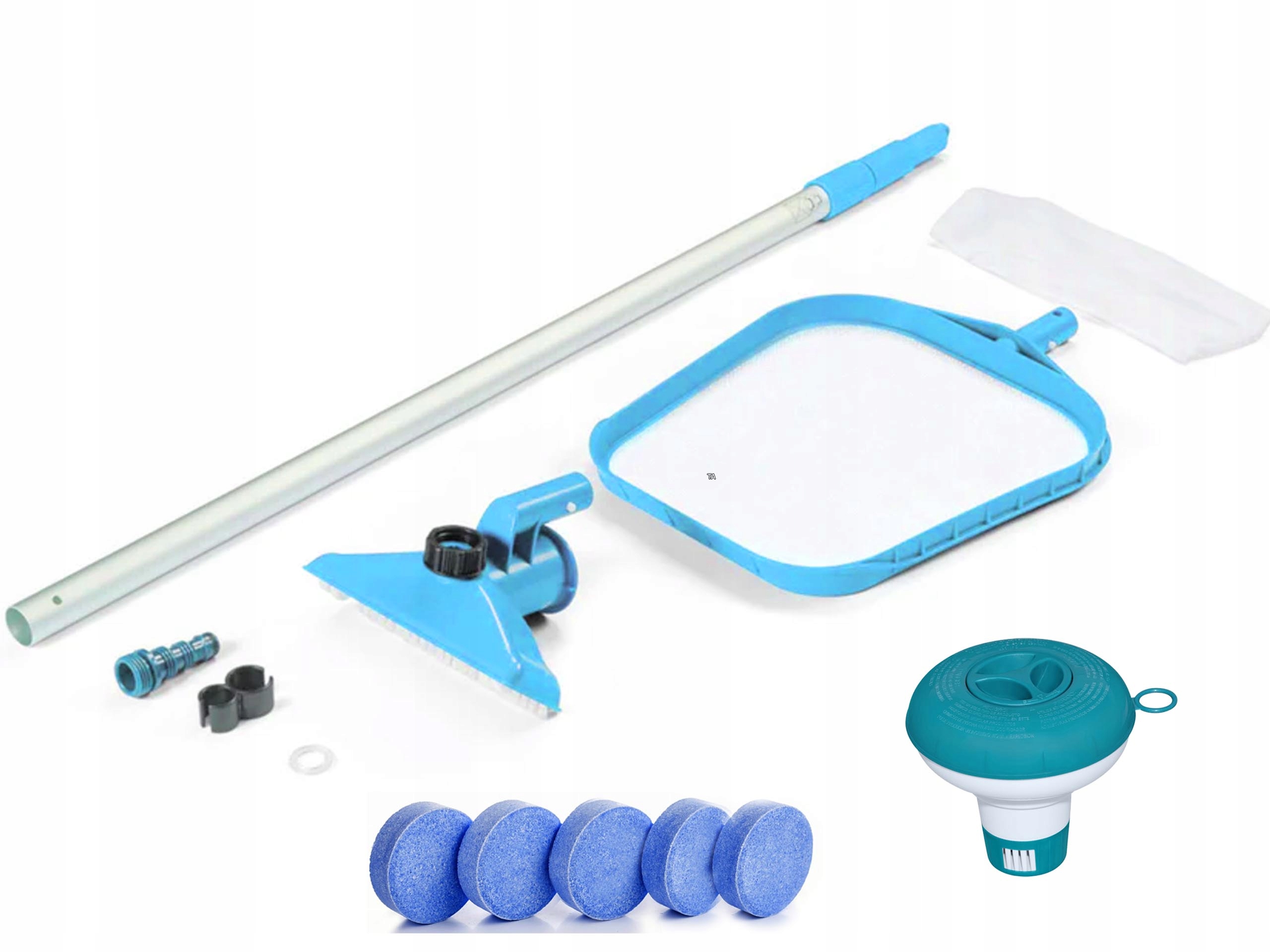 Odkurzacz Siatka Do Czyszczenia Basenu Zestaw Pływak Chemia Tabletki Chlor