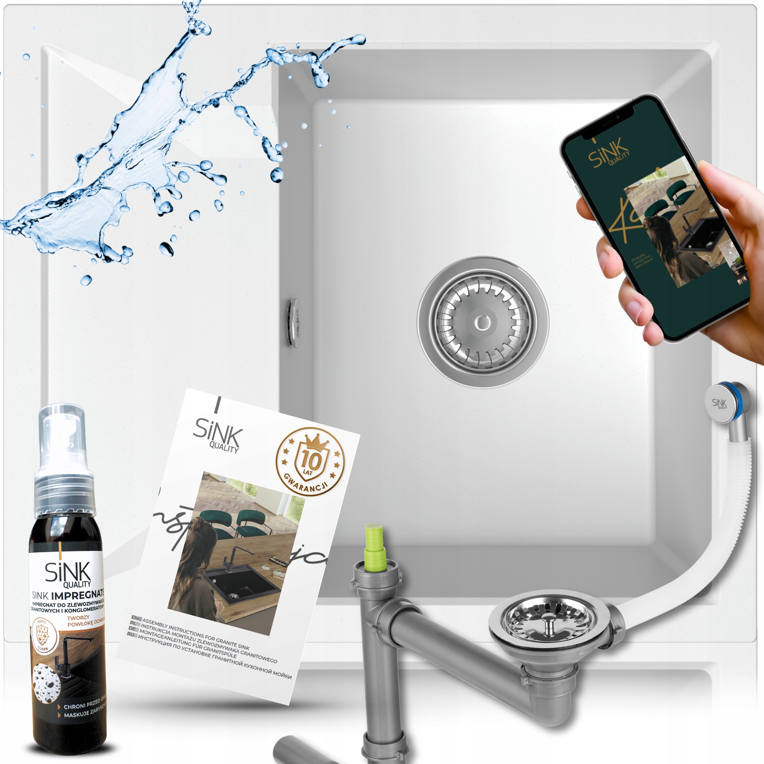 Granitový Dřez Jednokomorový S Odkapávačem, Bílý, Kuchyňský Sifon 7V1