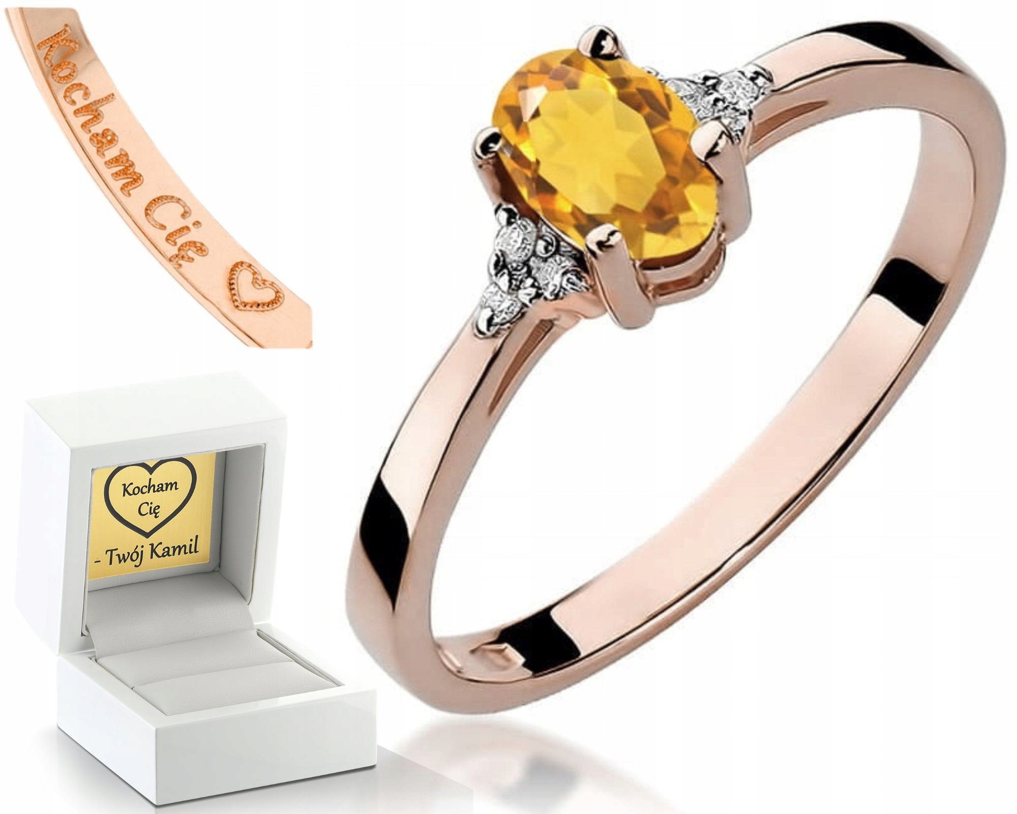 Růžové Zlato Prstýnek Pro Zásnuby S Citronem A Brilianty Gravírování 585
