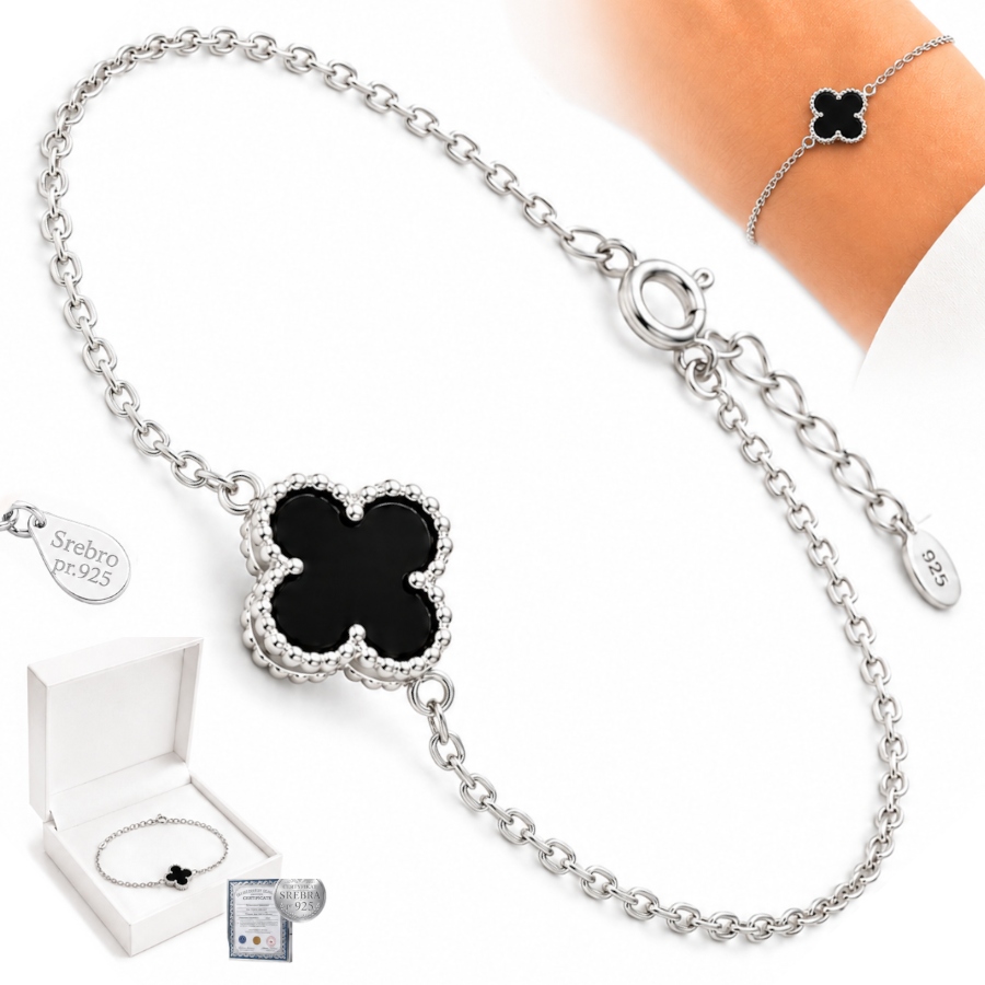 Stříbrný dámský náramek Stříbro 925 Onyx Čtyřlístek Italský s diamantem