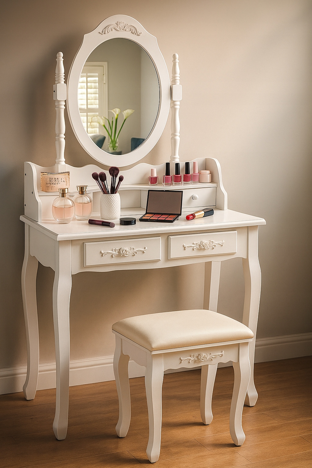 КОСМЕТИЧНИЙ ТУАЛЕТНИЙ СТОЛИК З ДЗЕРКАЛОМ І 4 ШУХЛЯДАМИ БІЛОГО КОЛЬОРУ + СТІЛЬЧИК ДЛЯ МАКІЯЖУ Бренд без бренду