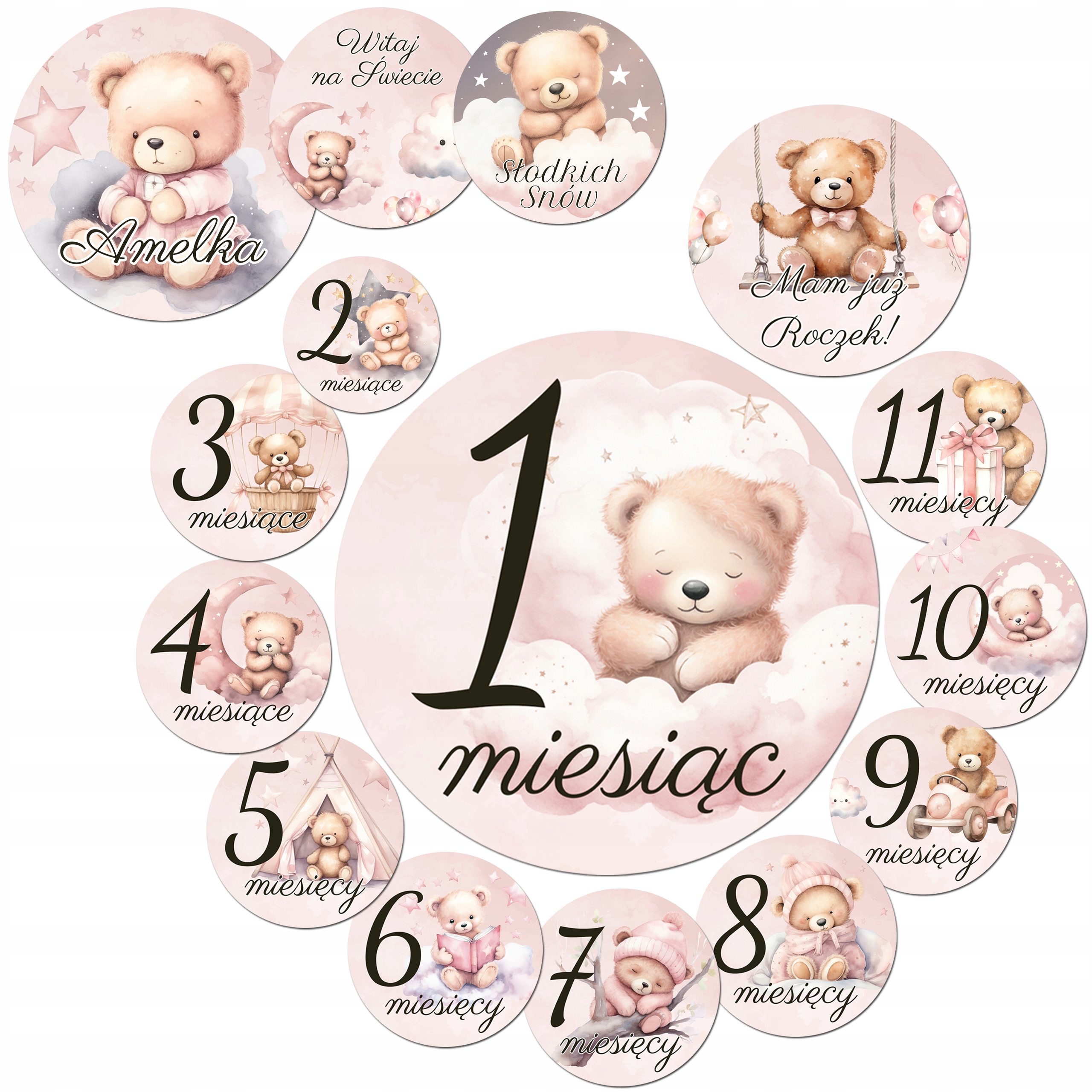 TABLICZKI KARTY DO ZDJĘĆ Z MIESIĄCAMI PREZENT NA ROCZEK ROK ŻYCIA RÓŻ