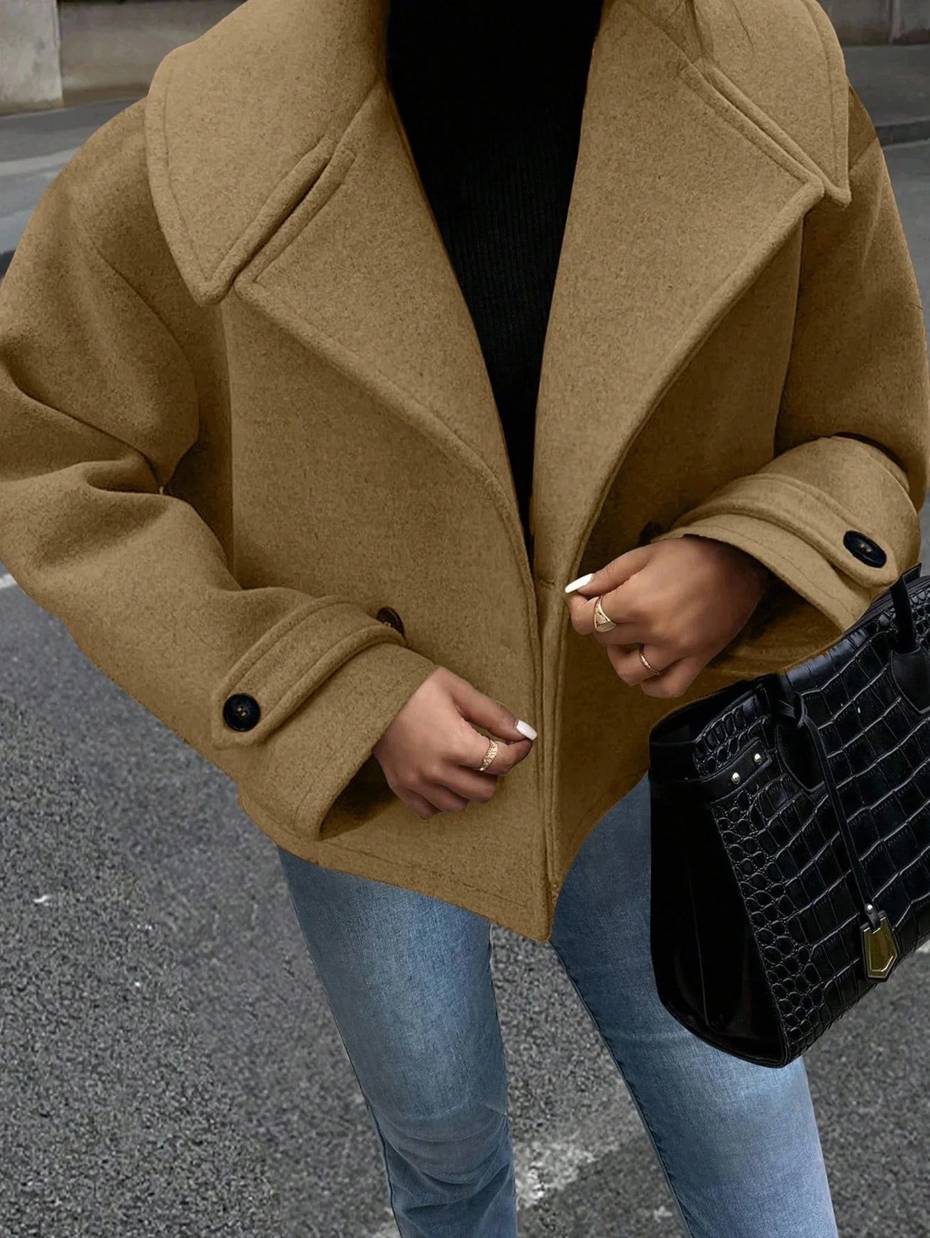 Dámský Krátký Béžový Oversize Kabát S Dlouhým Rukávem Casual Shein 4XL 48