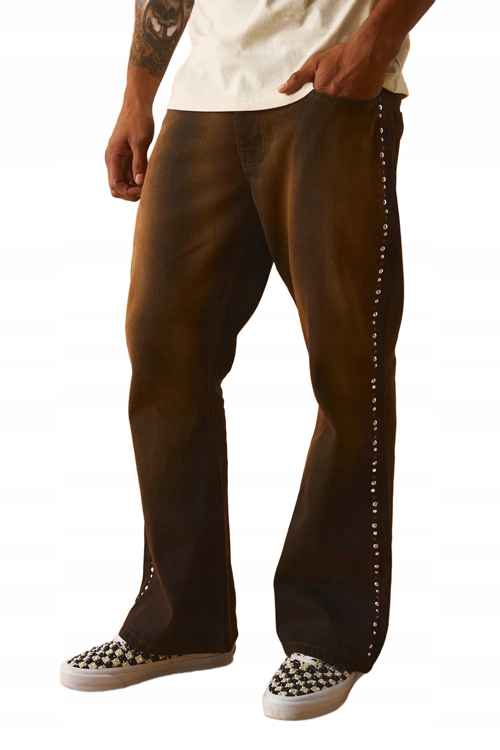 Boohooman Pánské Džíny Rovné S Cvočky Na Bocích, Hnědé, 32 Z3A